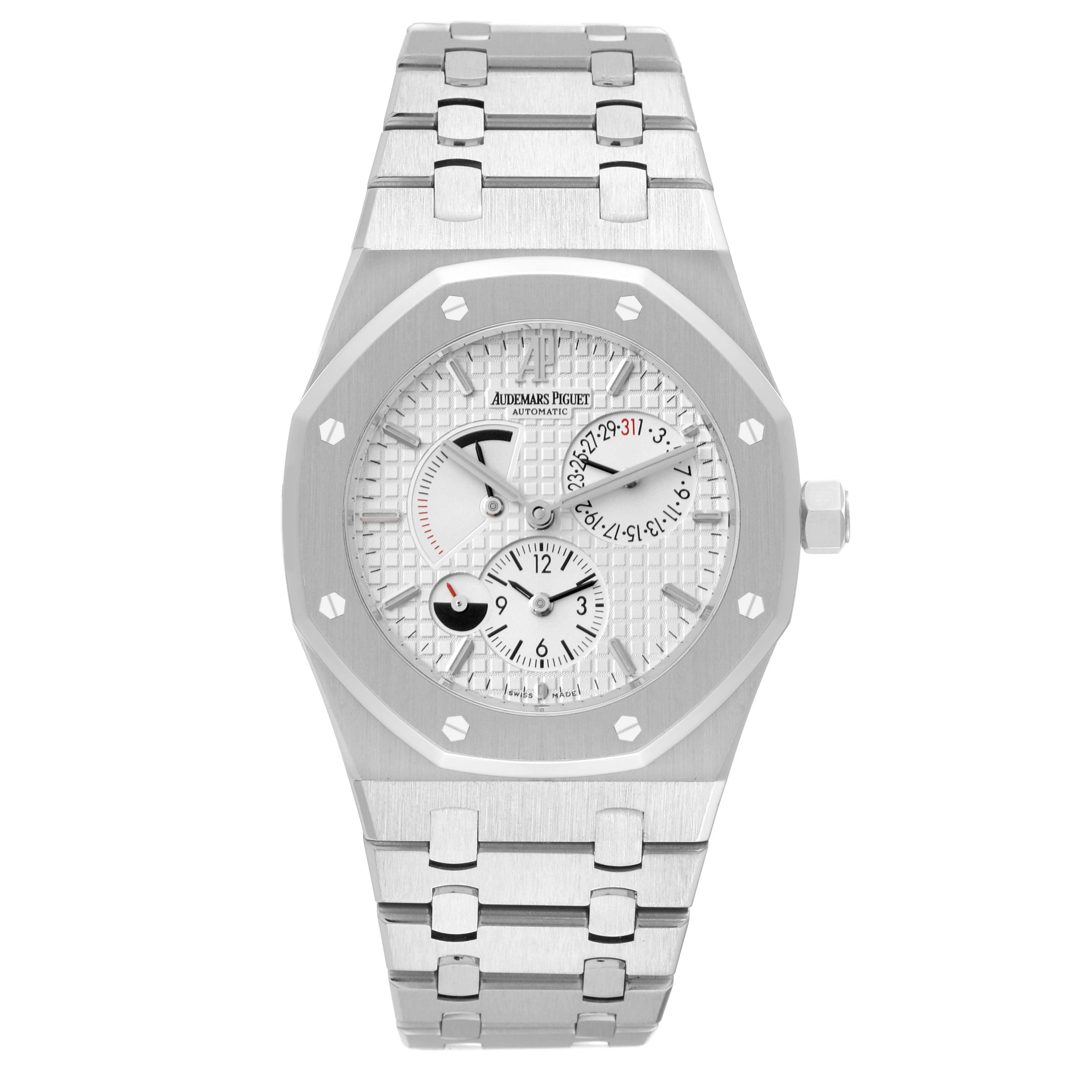 This image shows a front view of the Audemars Piguet Royal Oak 26120ST.00.1220ST.01 Men's Stainless Steel Silver Dial 26120ST.00.1220ST.01 Men's Stainless Steel Silver Dial watch, highlighting its dial, bracelet, and distinctive octagonal bezel.