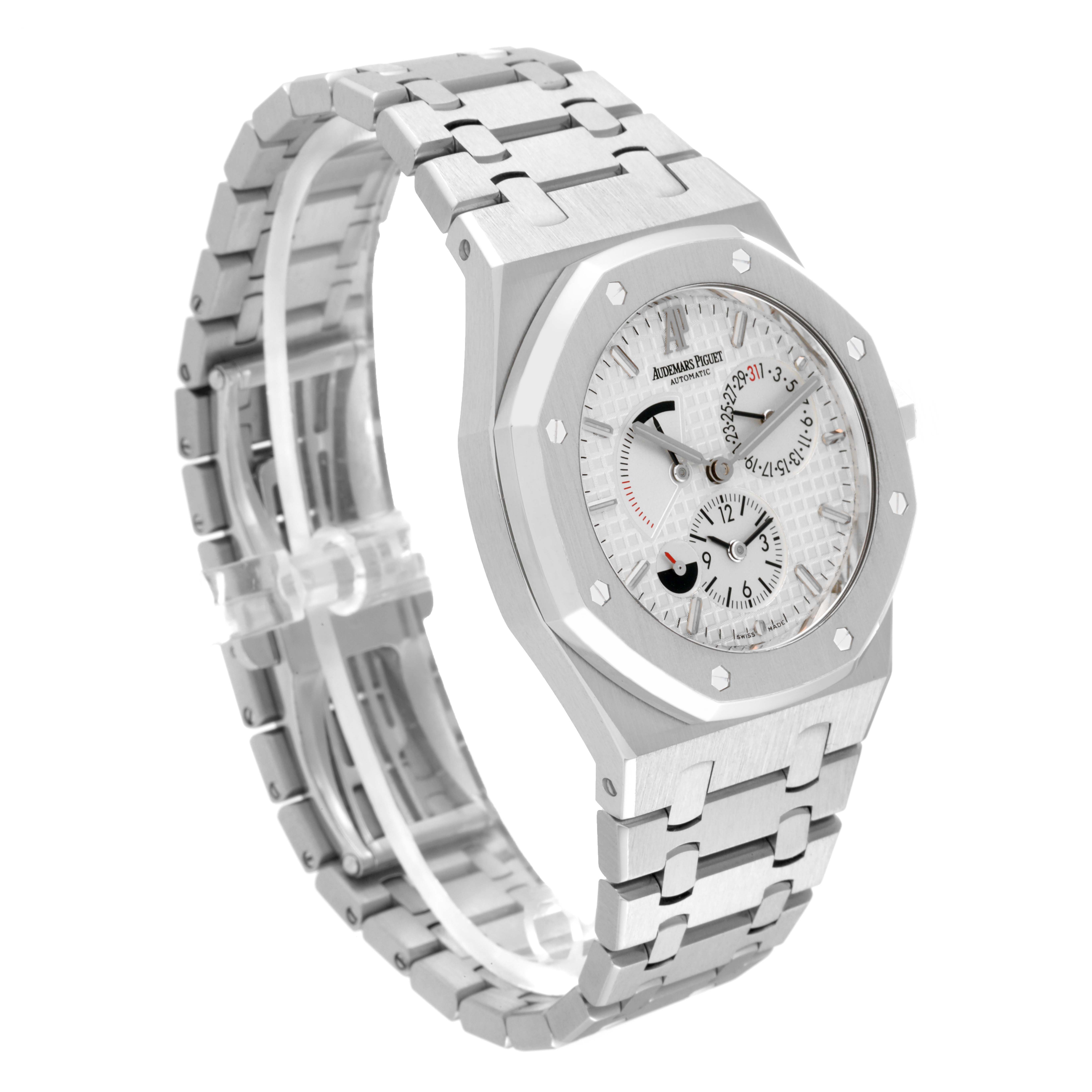 This is a side angle view showing the face and bracelet of the Audemars Piguet Royal Oak 26120ST.00.1220ST.01 Men's Stainless Steel Silver Dial 26120ST.00.1220ST.01 Men's Stainless Steel Silver Dial watch.