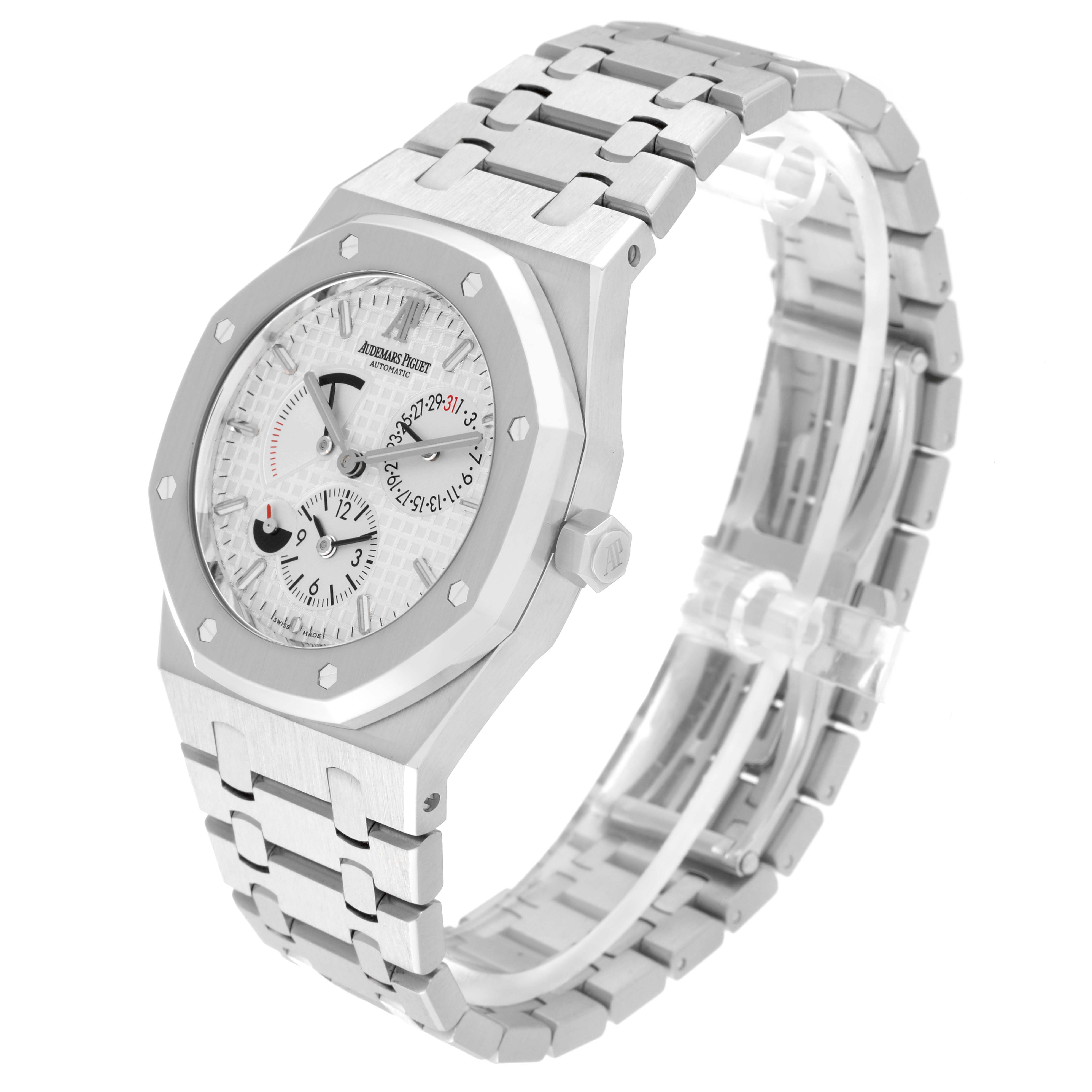 This image shows an angled view of the Audemars Piguet Royal Oak 26120ST.00.1220ST.01 Men's Stainless Steel Silver Dial 26120ST.00.1220ST.01 Men's Stainless Steel Silver Dial watch, highlighting the face, bezel, crown, and bracelet.