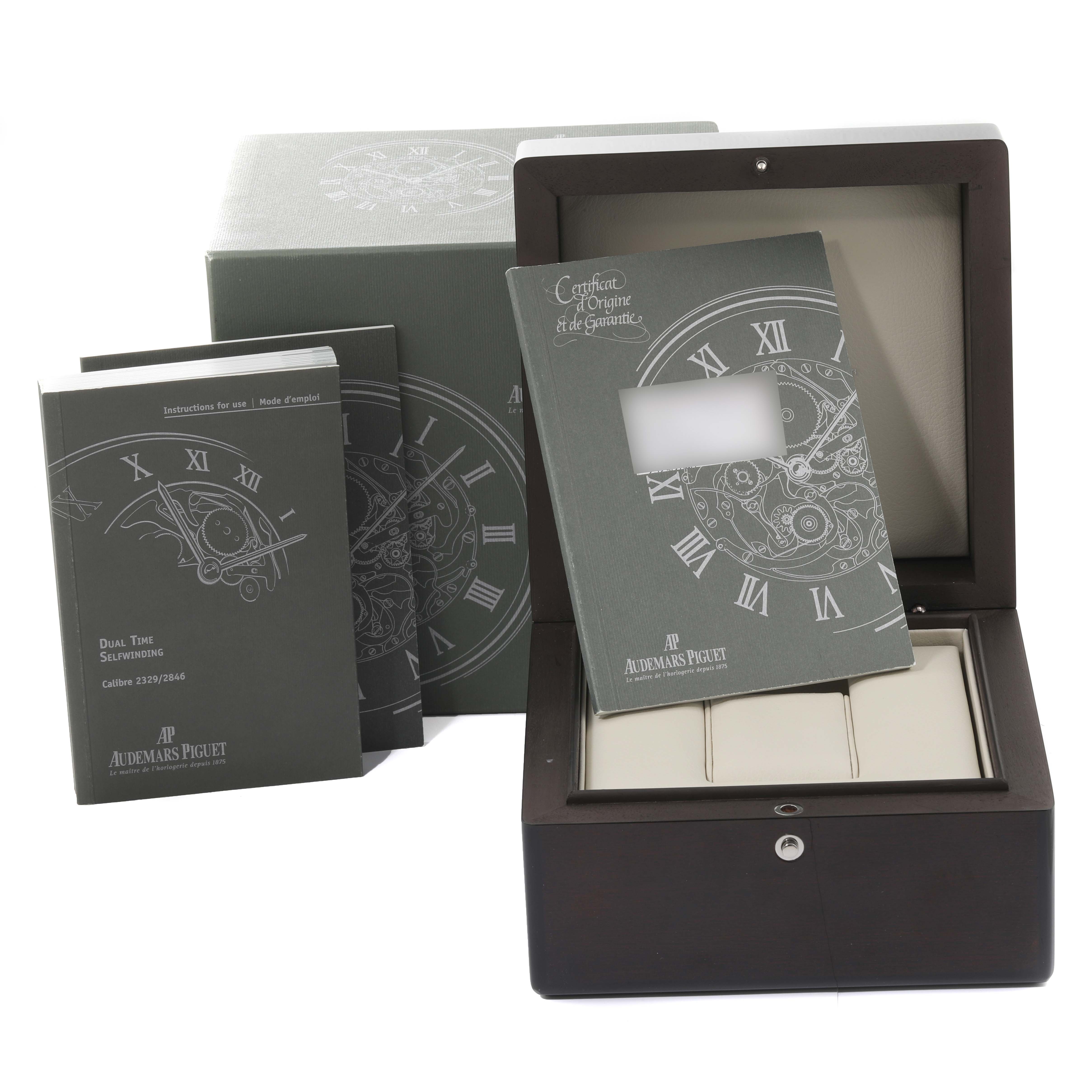 The image shows an Audemars Piguet Royal Oak 26120ST.00.1220ST.01 Men's Stainless Steel Silver Dial 26120ST.00.1220ST.01 Men's Stainless Steel Silver Dial watch box, warranty card, manual, and outer packaging.