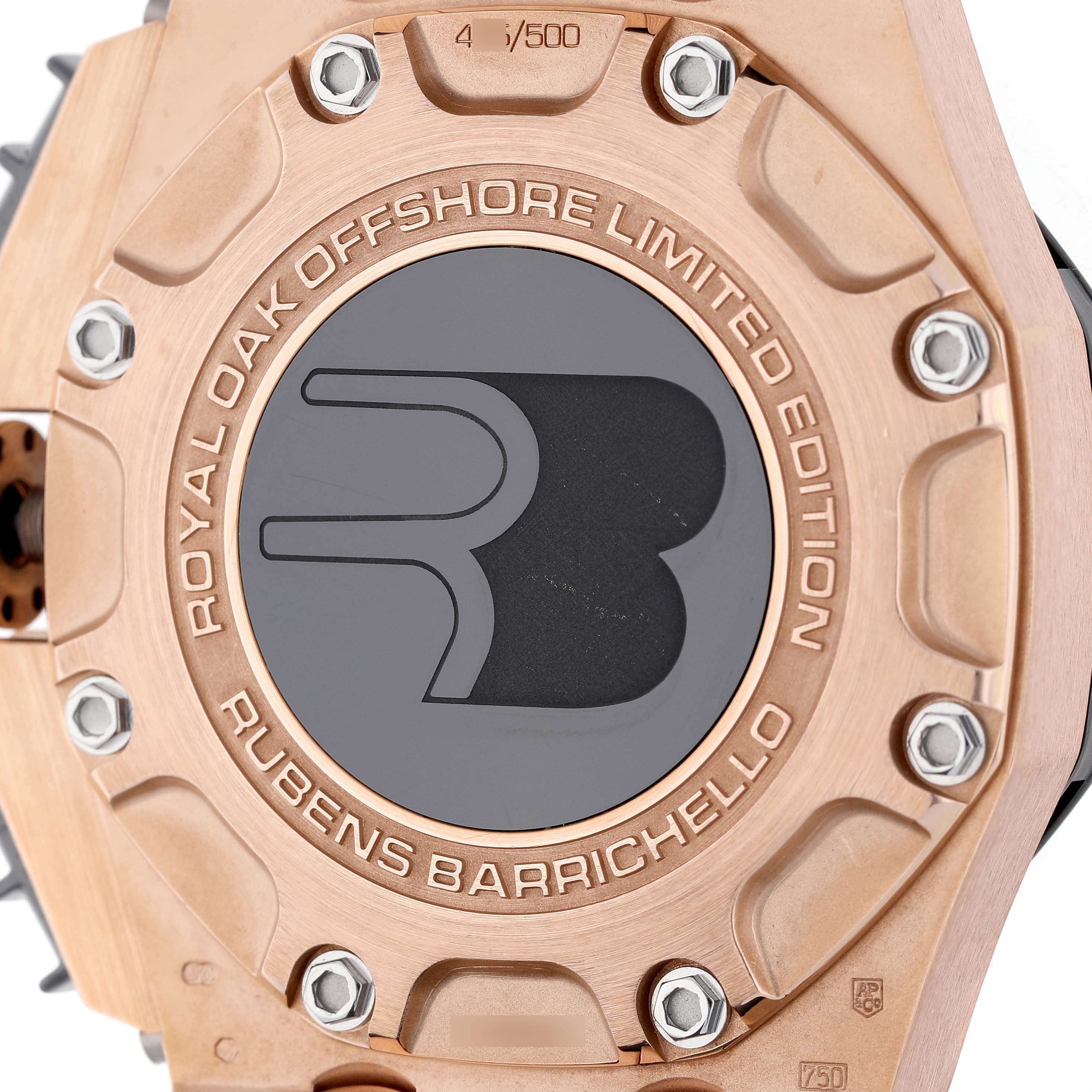 The image shows the back case of the Audemars Piguet Royal Oak Offshore 26078RO.00.D002CR.01 Men's Rose Gold White Dial, highlighting its limited edition engraving and logo.