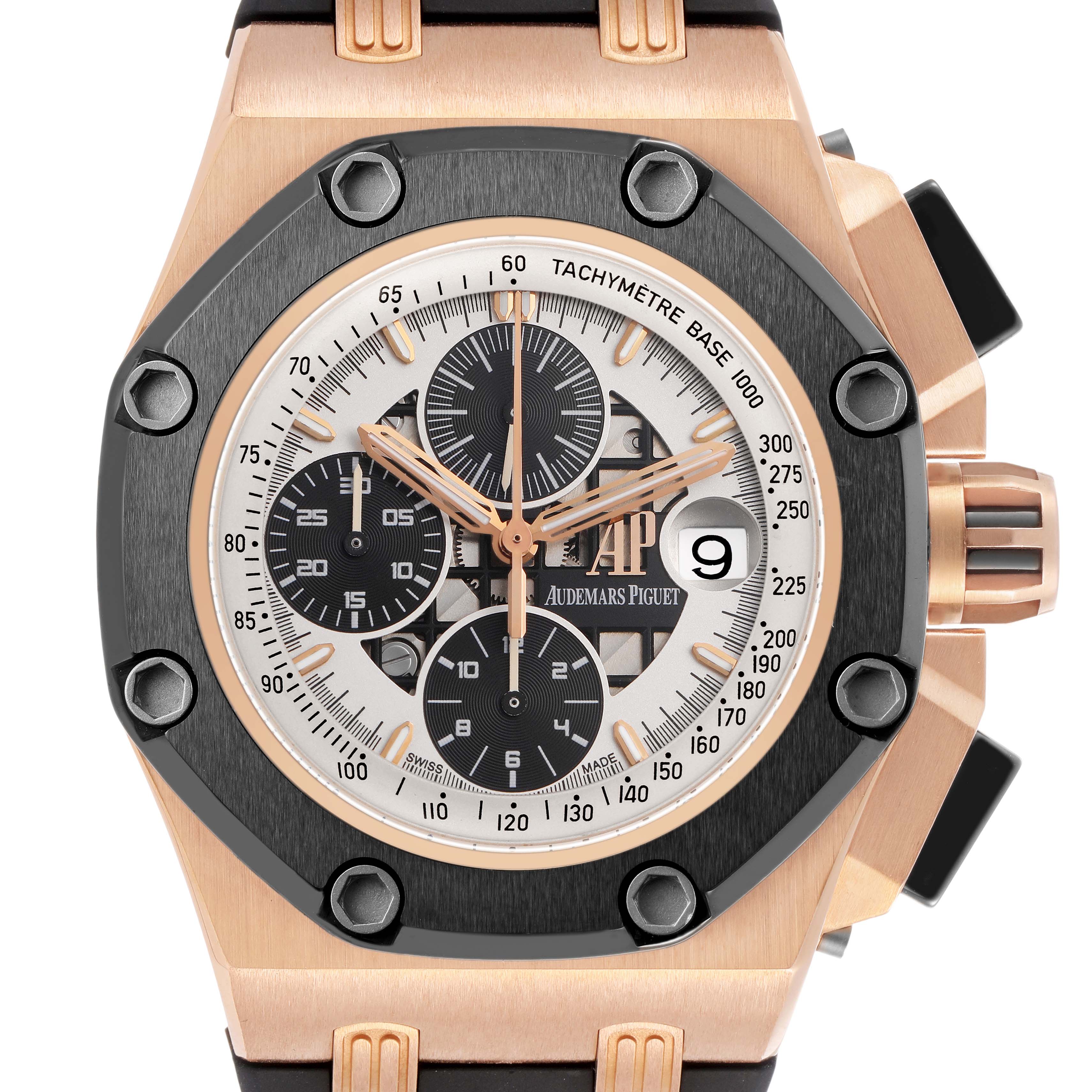 The image shows a front view of the Audemars Piguet Royal Oak Offshore 26078RO.00.D002CR.01 Men's Rose Gold White Dial, highlighting the dial, bezel, and crown.