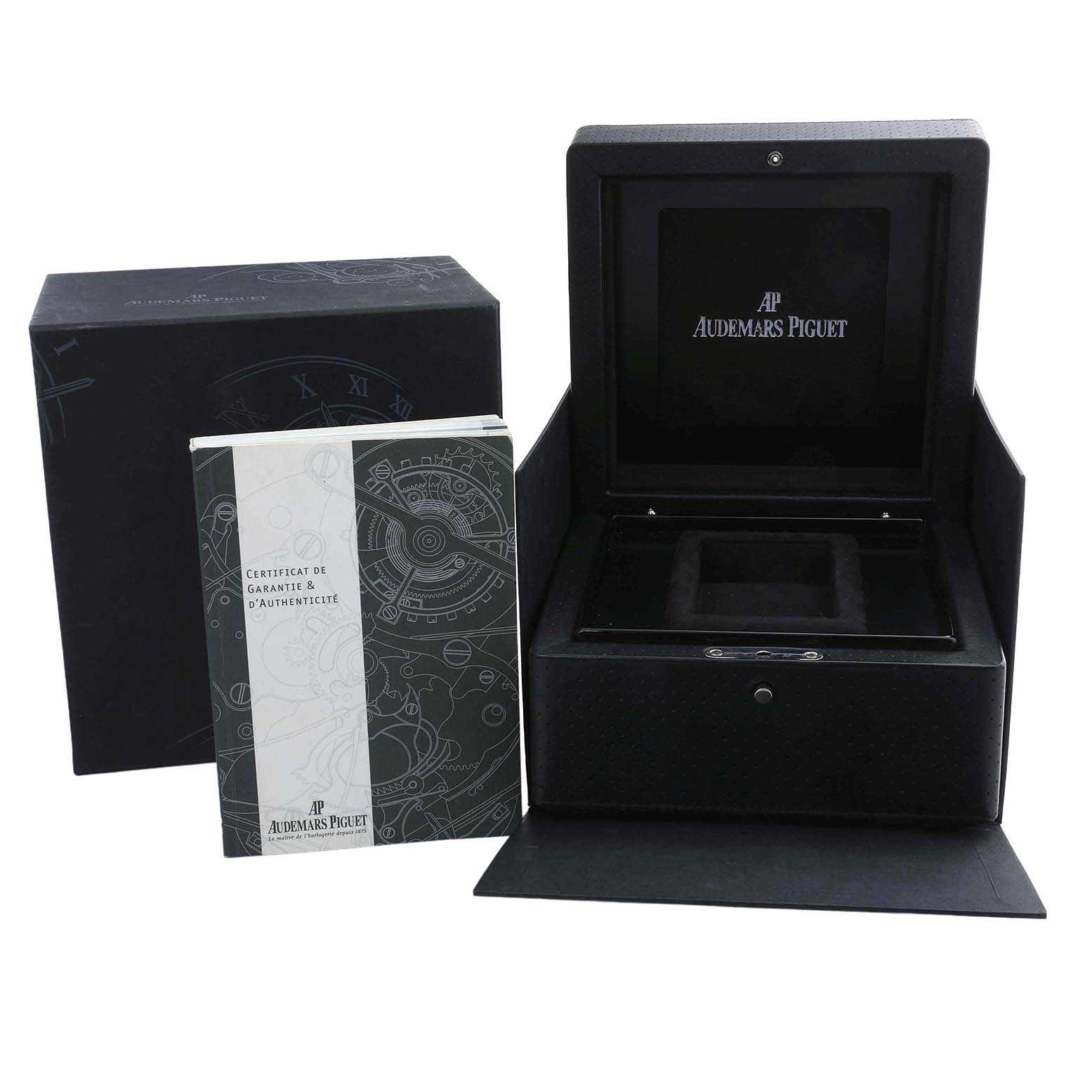 The image shows the packaging and certificate for a Royal Oak Offshore by Audemars Piguet without the watch.