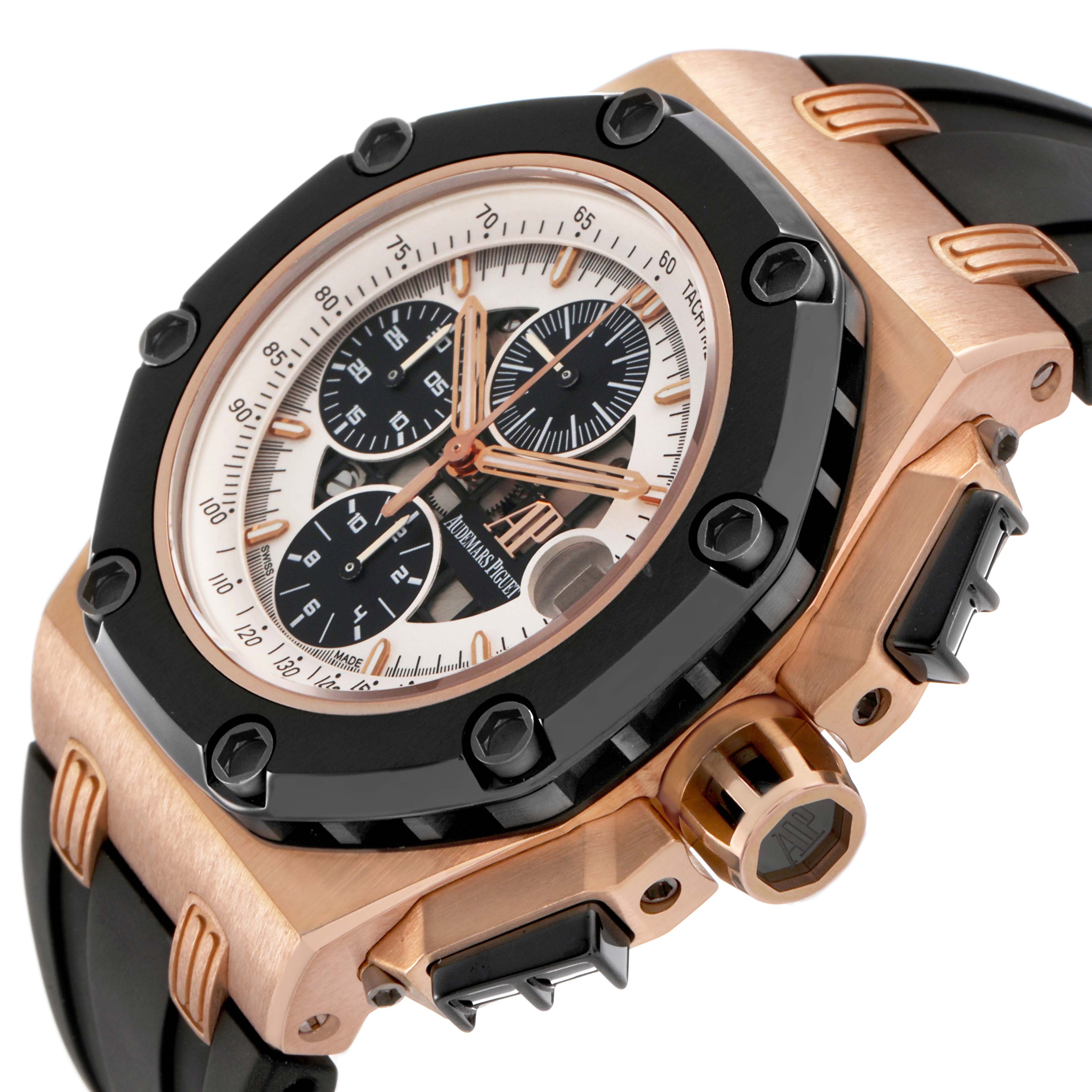 The Audemars Piguet Royal Oak Offshore 26078RO.00.D002CR.01 Men's Rose Gold White Dial is shown at an angled view highlighting the face, bezel, and crown.