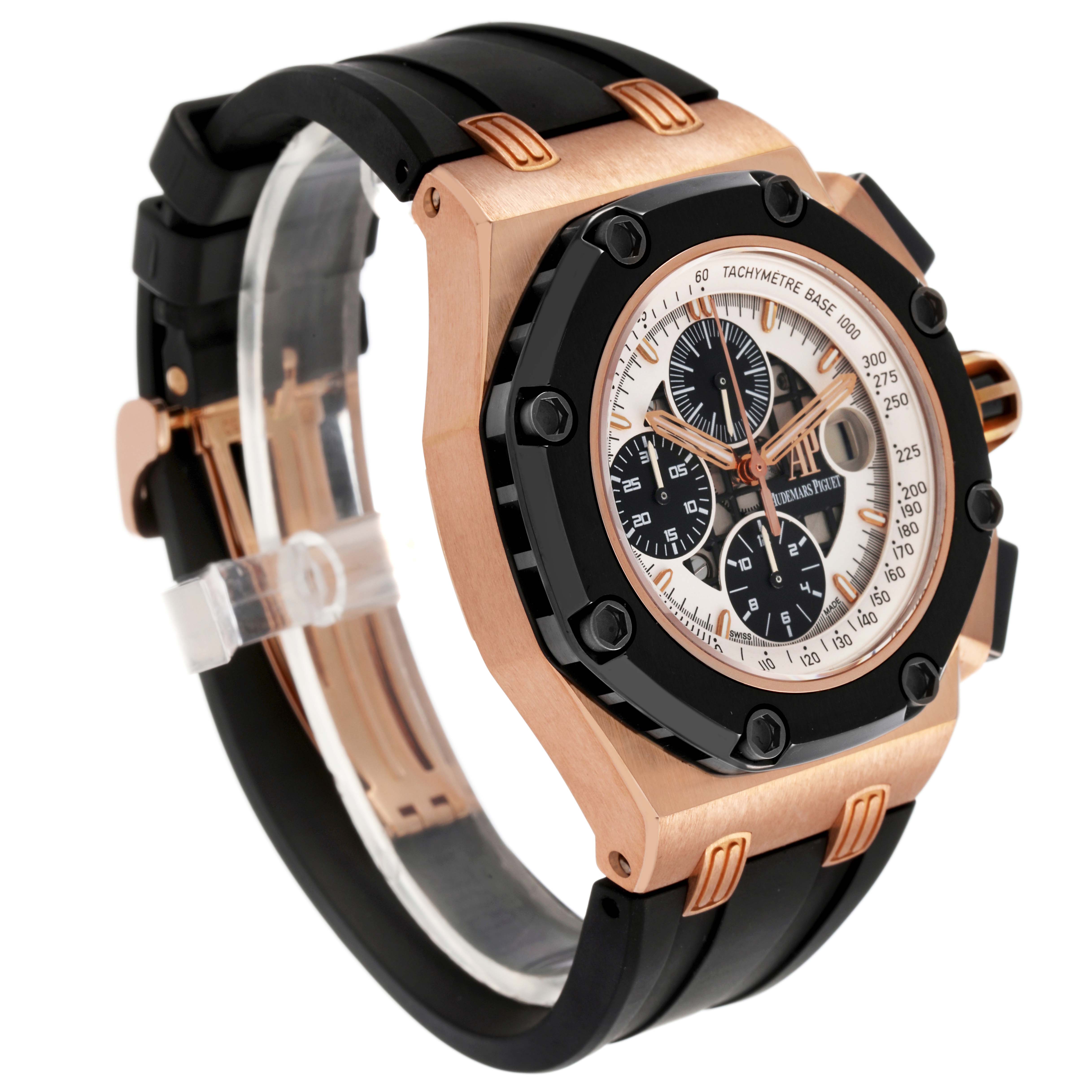 The image shows the Royal Oak Offshore by Audemars Piguet at an angle highlighting the bezel, dial, and strap.