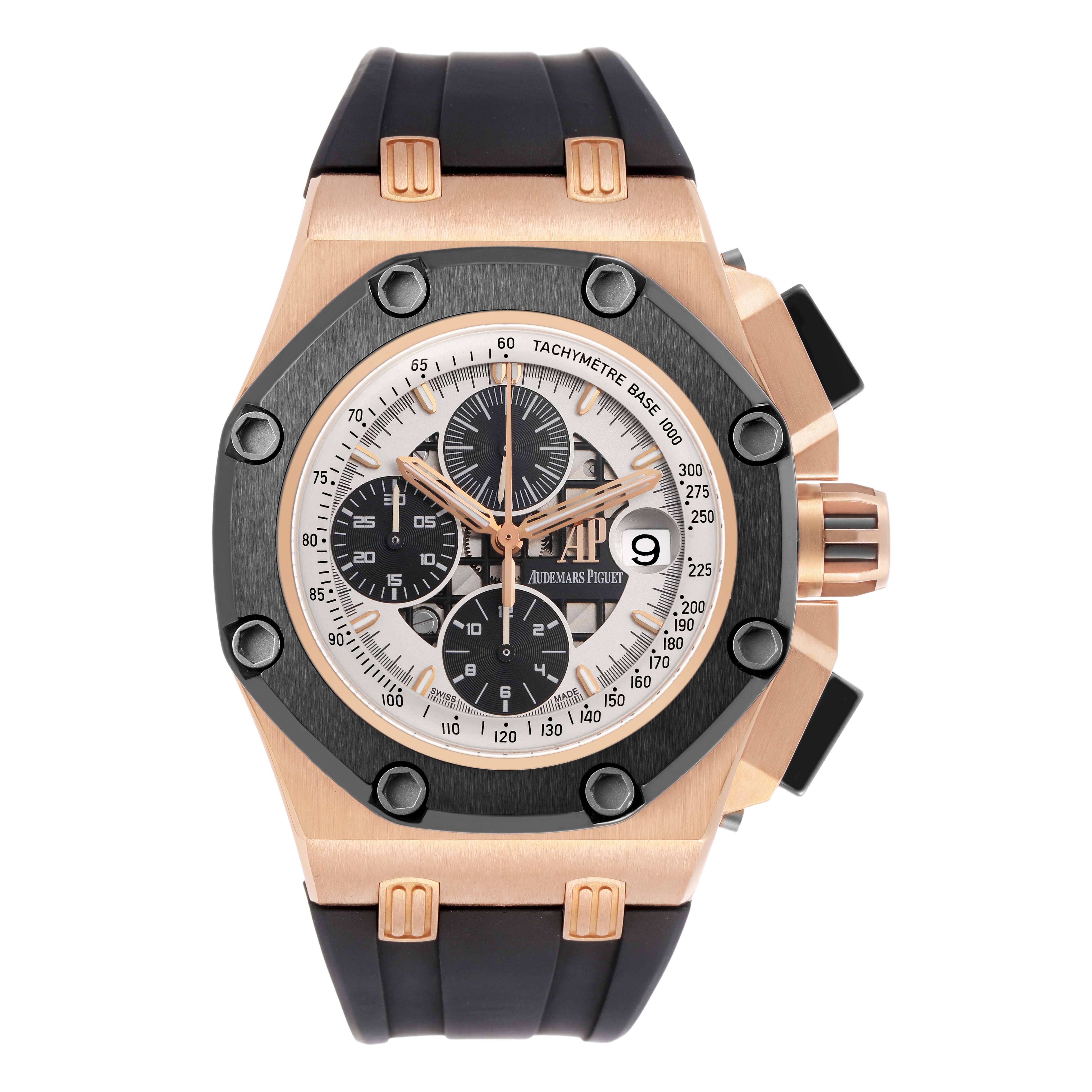 The Audemars Piguet Royal Oak Offshore 26078RO.00.D002CR.01 Men's Rose Gold White Dial is shown from the front, highlighting the bezel, dial, and rubber strap.