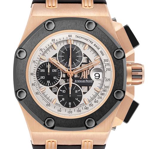 The Audemars Piguet Royal Oak Offshore 26078RO.00.D002CR.01 Men's Rose Gold White Dial watch is shown from the front, highlighting the bezel, dial, and subdials.