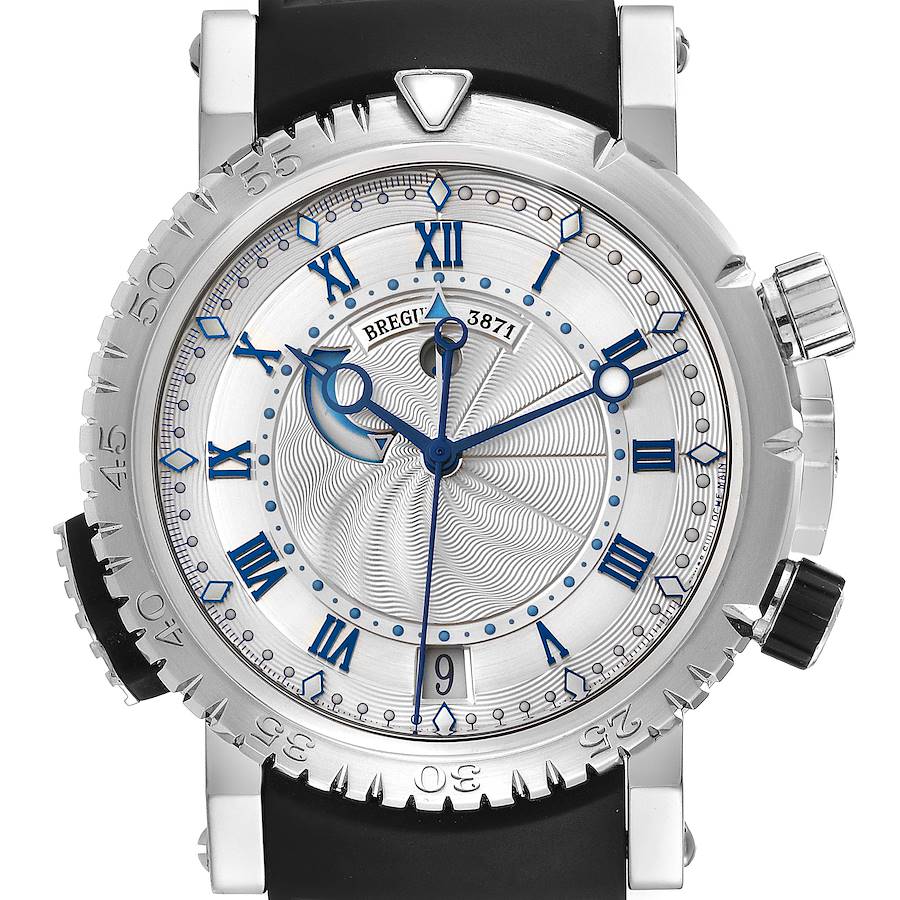 This Breguet Marine model watch is shown from a front angle, displaying its dial, bezel, hands, and crown.