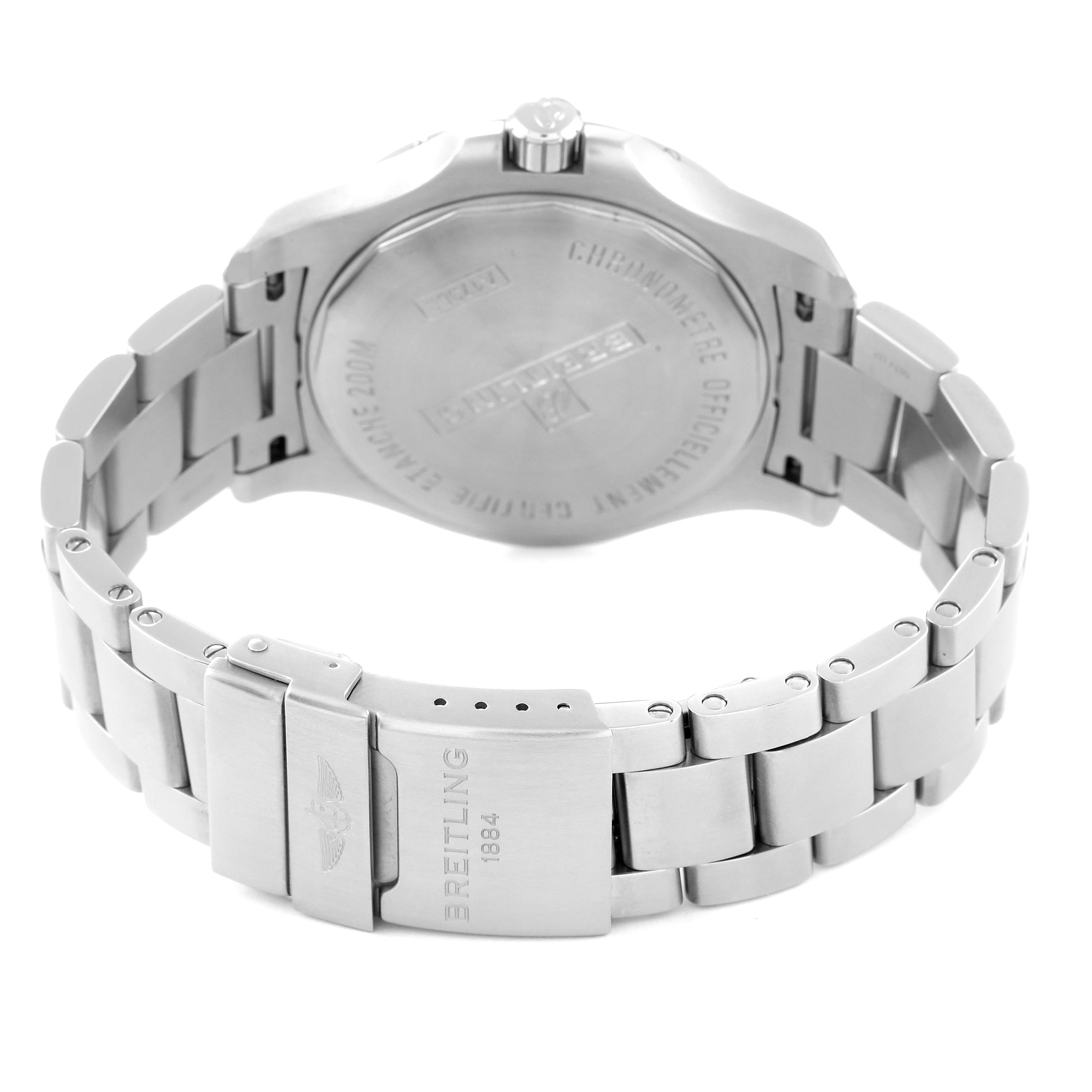 The image shows the back case and clasp of a Breitling Colt A17388 Men's Stainless Steel Black Dial A17388 Men's Stainless Steel Black Dial model watch at an angled view.