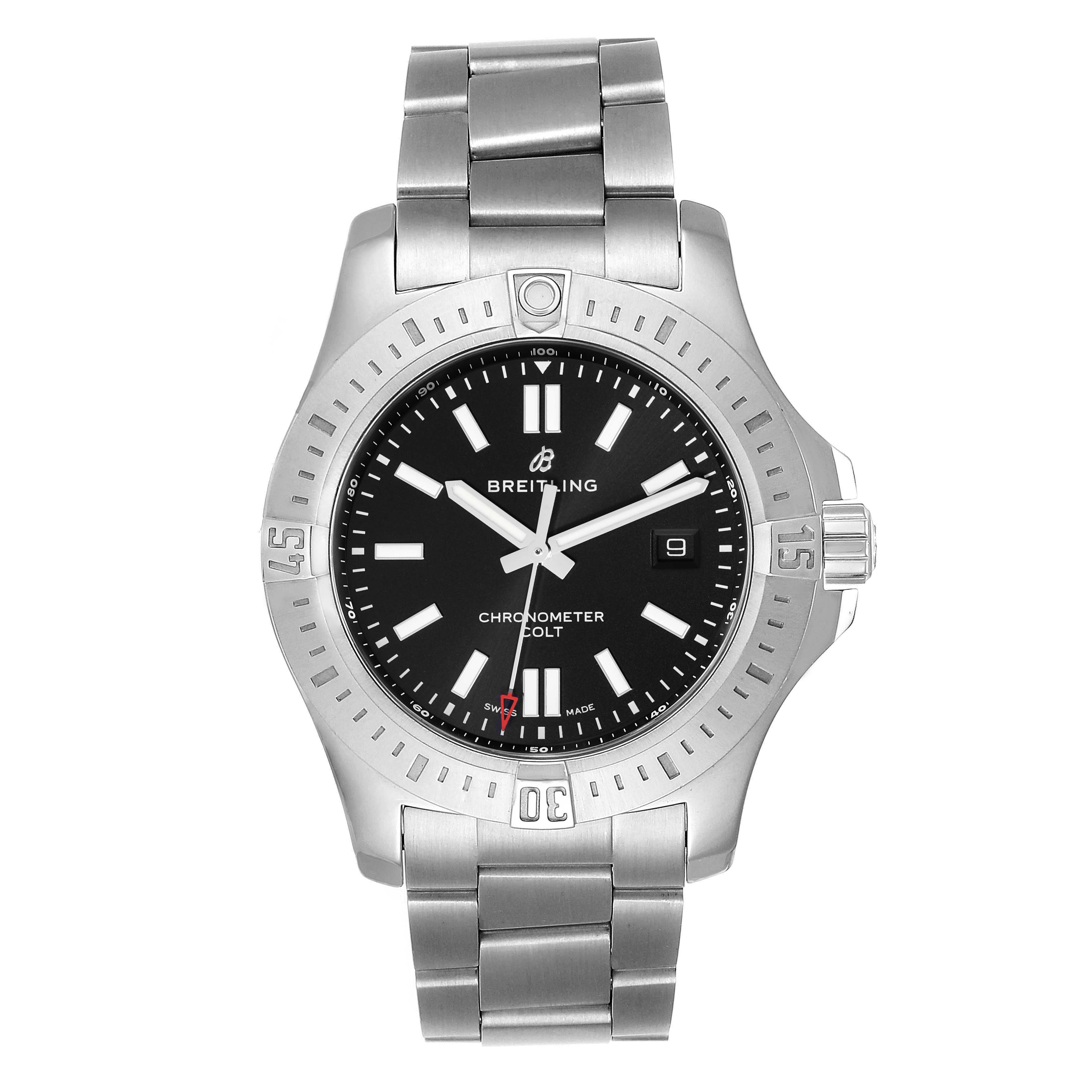 This image shows a front angle of the Breitling Colt A17388 Men's Stainless Steel Black Dial A17388 Men's Stainless Steel Black Dial watch, displaying its full face, bezel, crown, and bracelet.