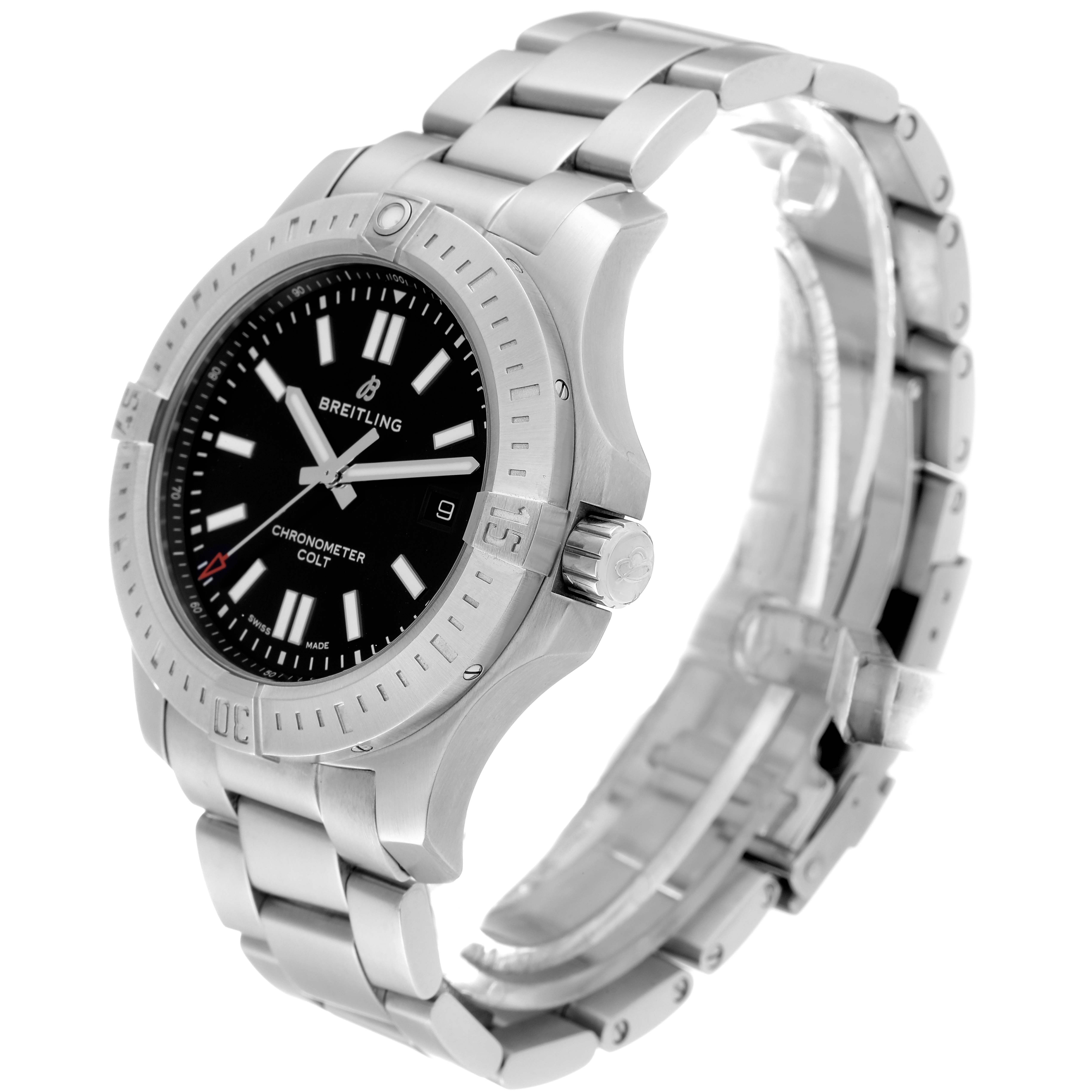 The Breitling Colt A17388 Men's Stainless Steel Black Dial A17388 Men's Stainless Steel Black Dial watch is shown from an angled side view, highlighting its face, bezel, crown, and bracelet.