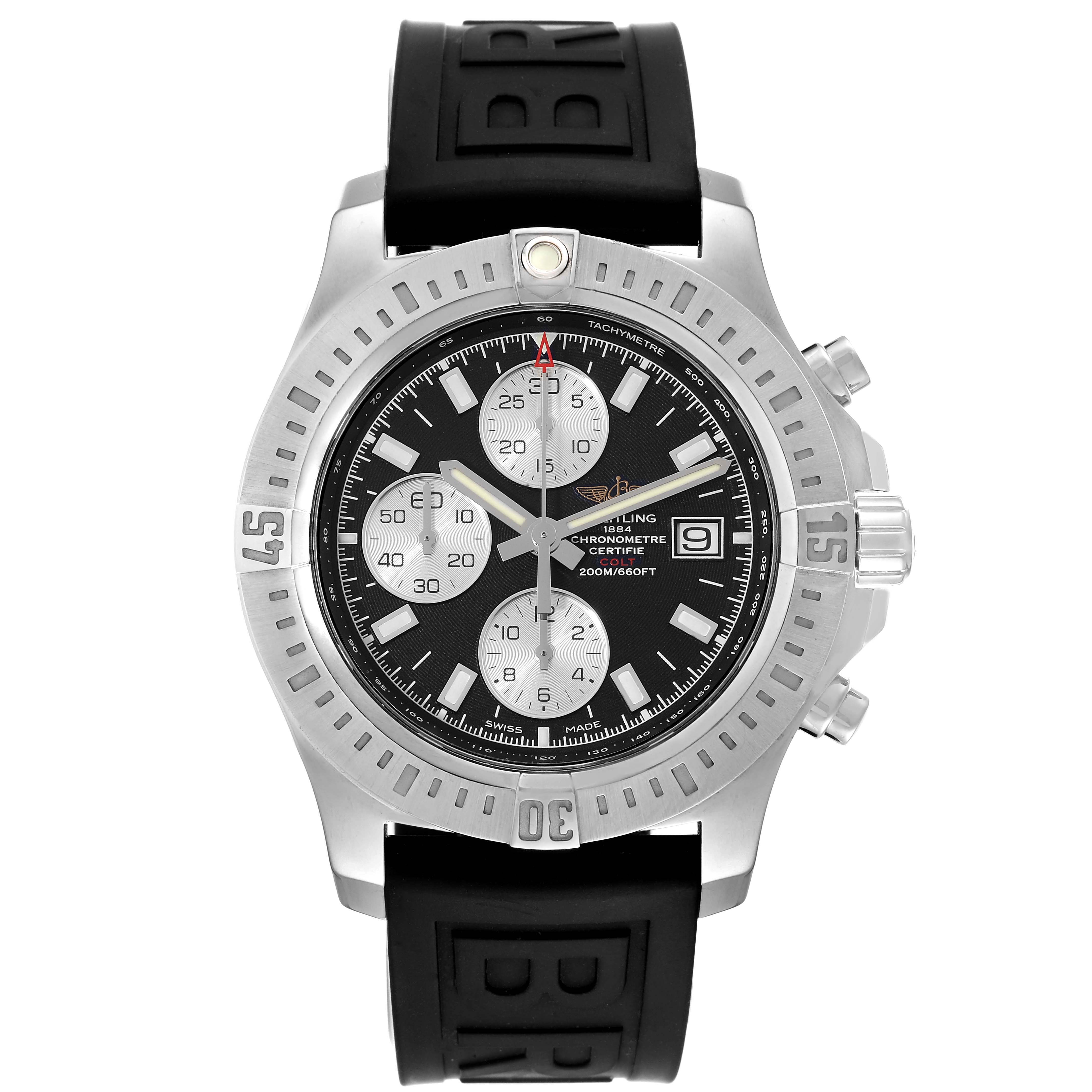 The image shows a front view of the Breitling Colt A13388 Men's Stainless Steel Black Dial A13388 Men's Stainless Steel Black Dial model watch, displaying its bezel, dial, sub-dials, and black strap.