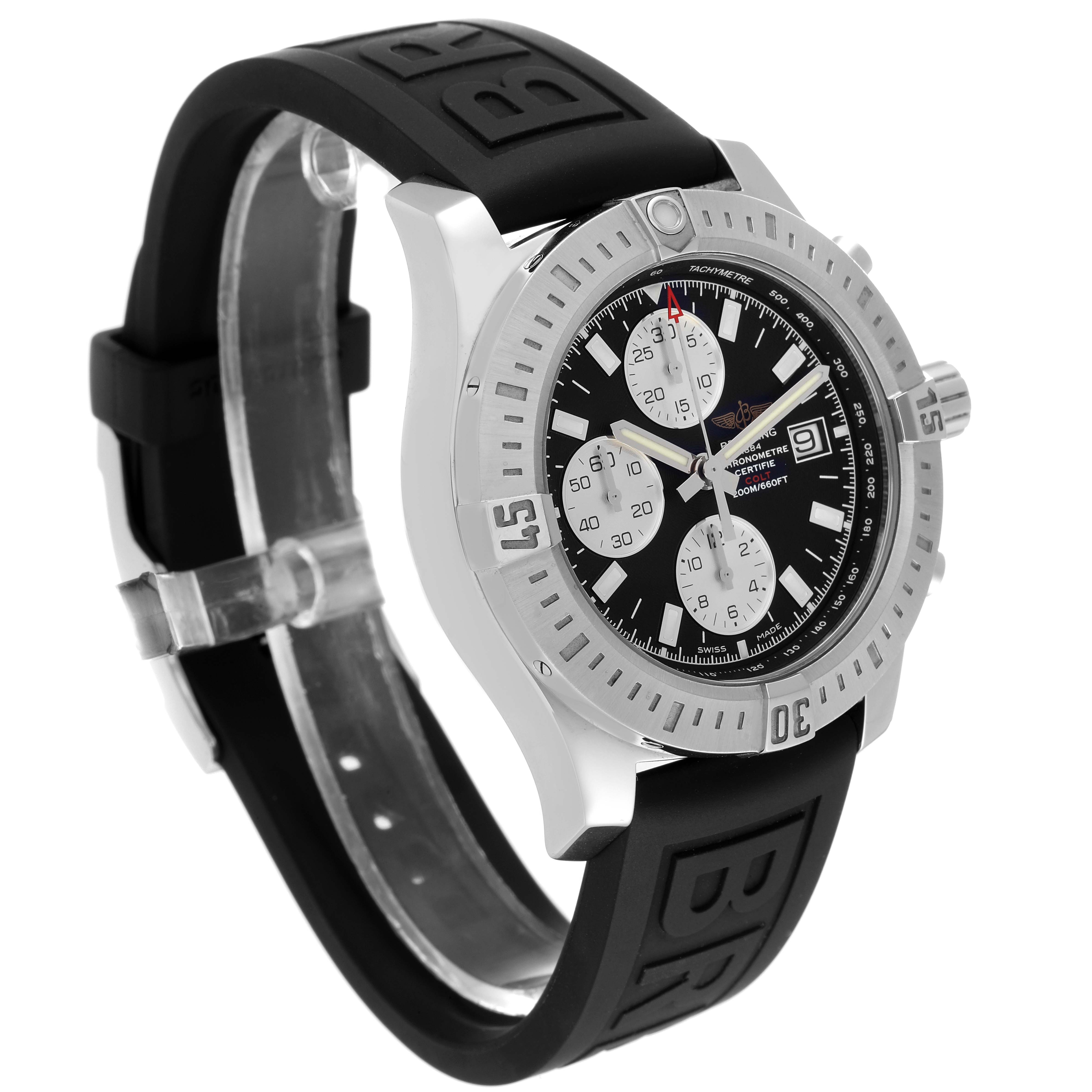 This Breitling Colt A13388 Men's Stainless Steel Black Dial A13388 Men's Stainless Steel Black Dial watch is shown at a three-quarter angle, highlighting its case, bezel, dial, sub-dials, and rubber strap.