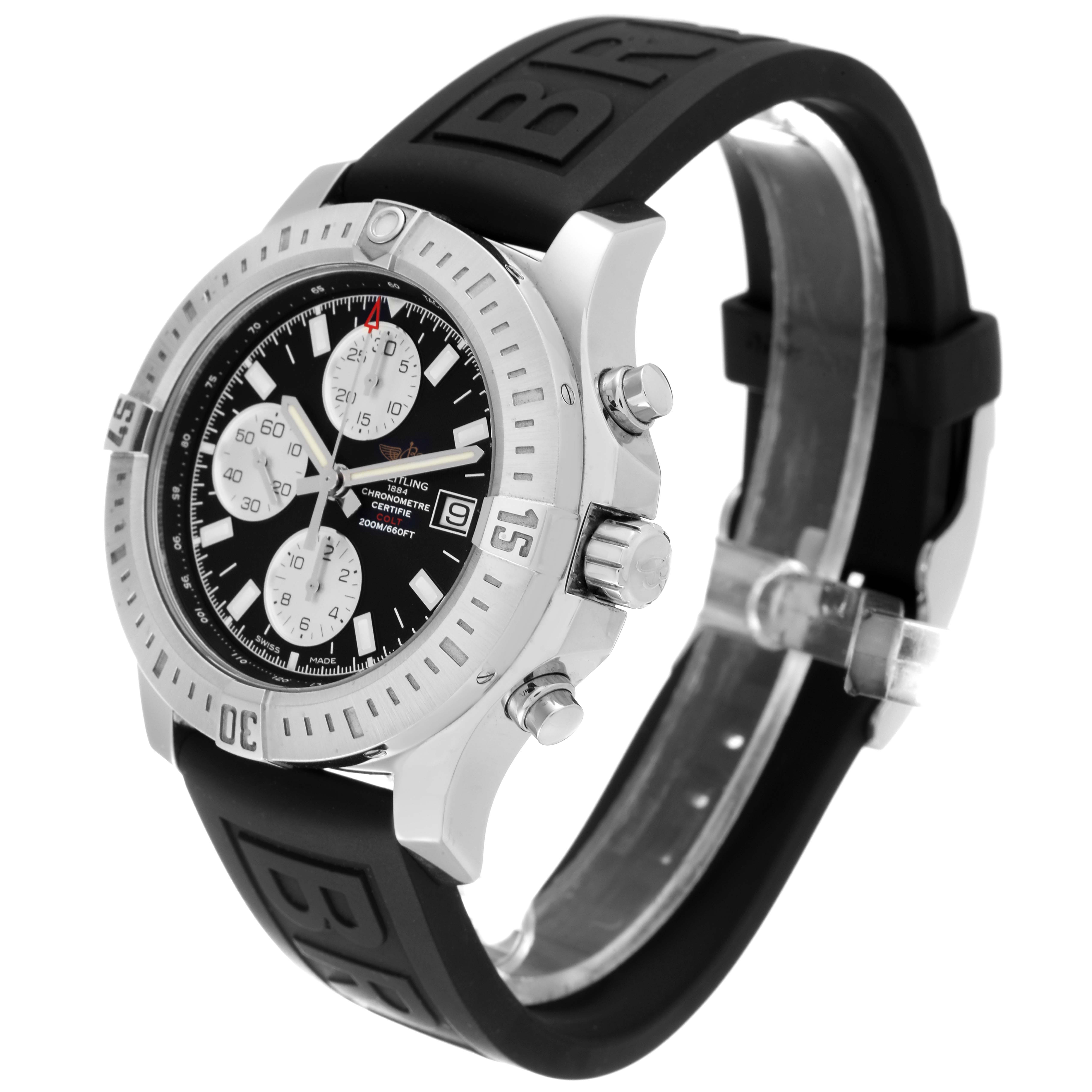 The image shows a side angle of a Breitling Colt A13388 Men's Stainless Steel Black Dial A13388 Men's Stainless Steel Black Dial watch, highlighting its face, bezel, crown, and rubber strap.