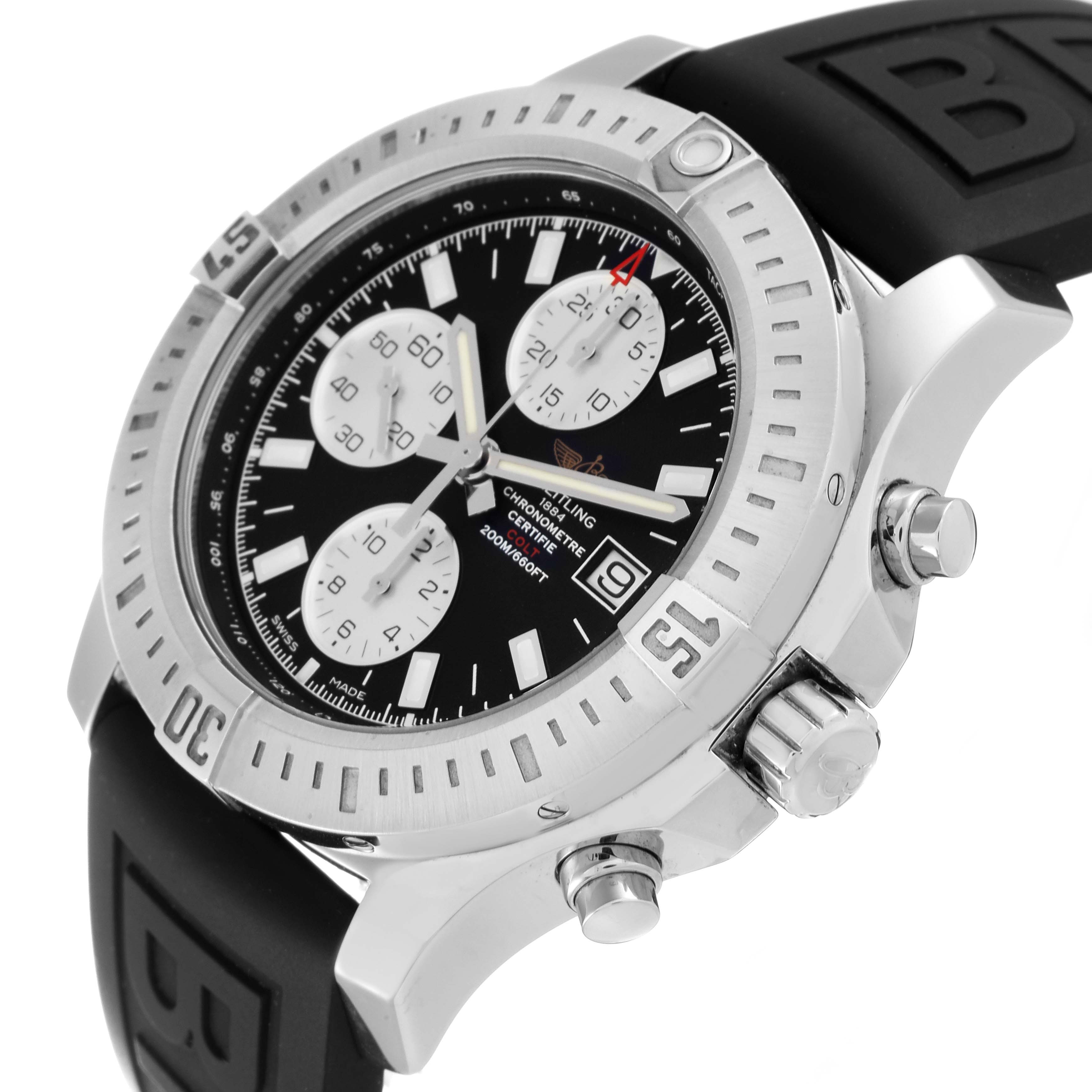The image shows a side and front angle of the Breitling Colt A13388 Men's Stainless Steel Black Dial A13388 Men's Stainless Steel Black Dial Chronograph watch, highlighting its bezel, dial, and pushers.