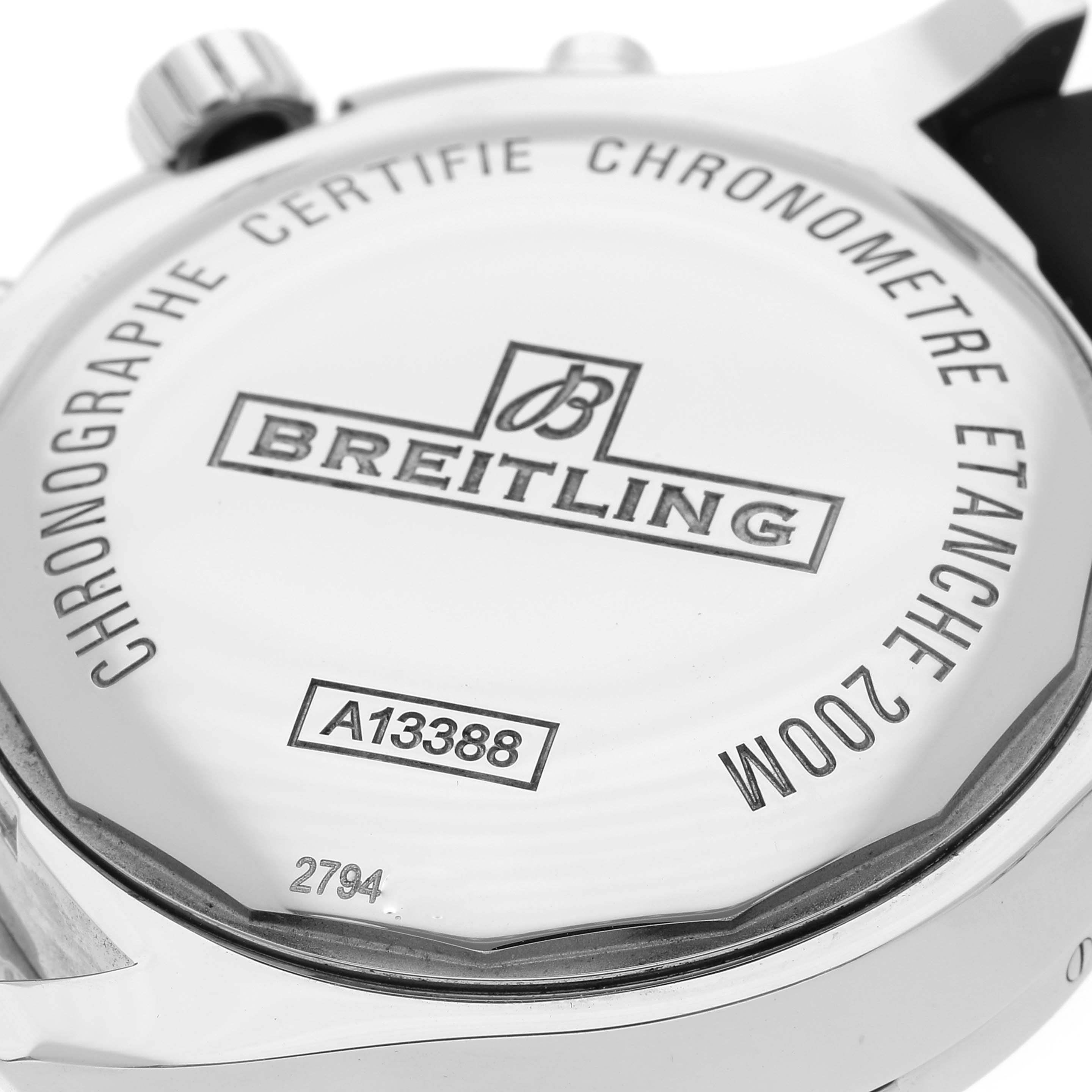 The image shows the back of a Breitling Colt A13388 Men's Stainless Steel Black Dial A13388 Men's Stainless Steel Black Dial watch, highlighting the model number and brand engraving.