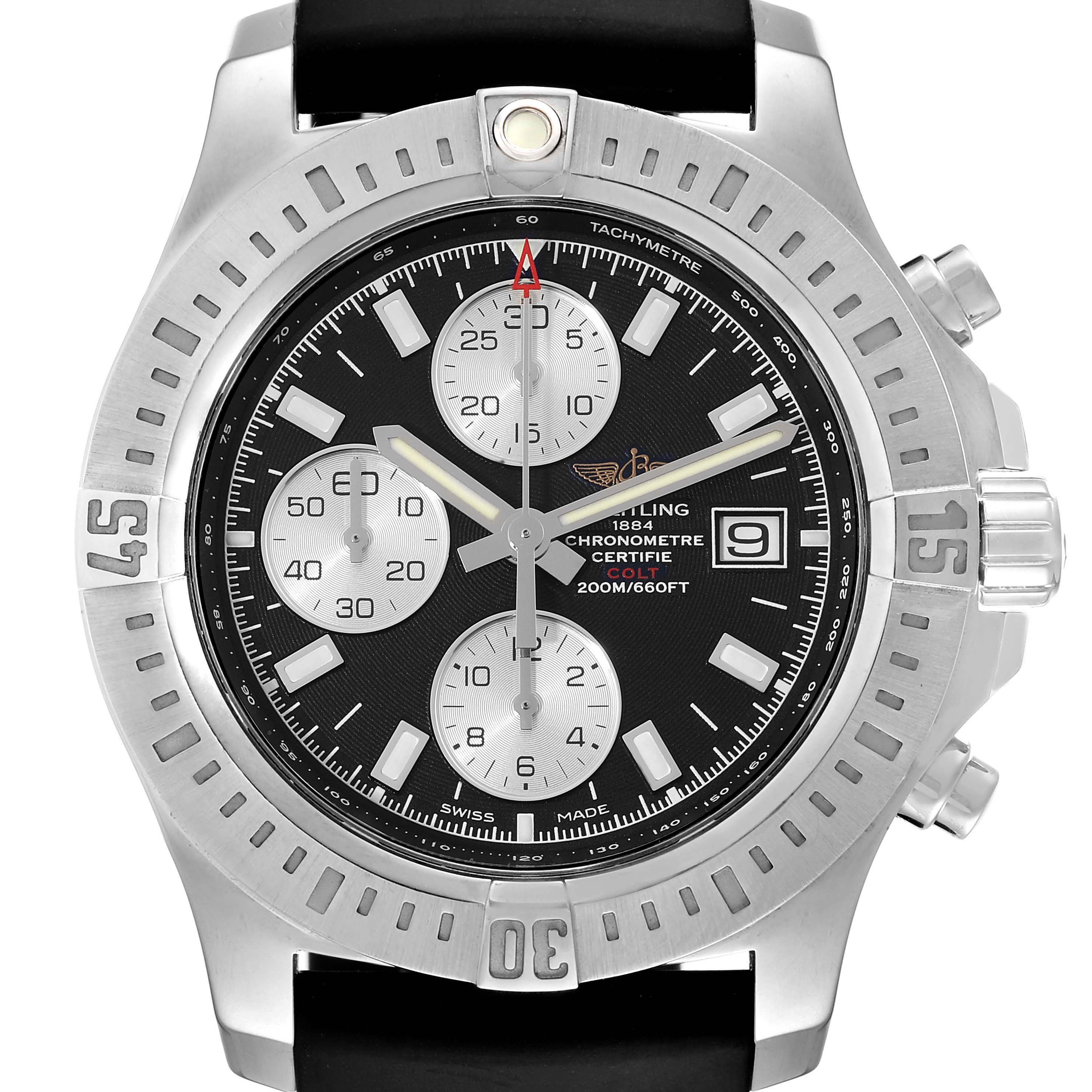 The image shows a front view of the Breitling Colt A13388 Men's Stainless Steel Black Dial A13388 Men's Stainless Steel Black Dial watch, highlighting its bezel, crown, subdials, and date window.