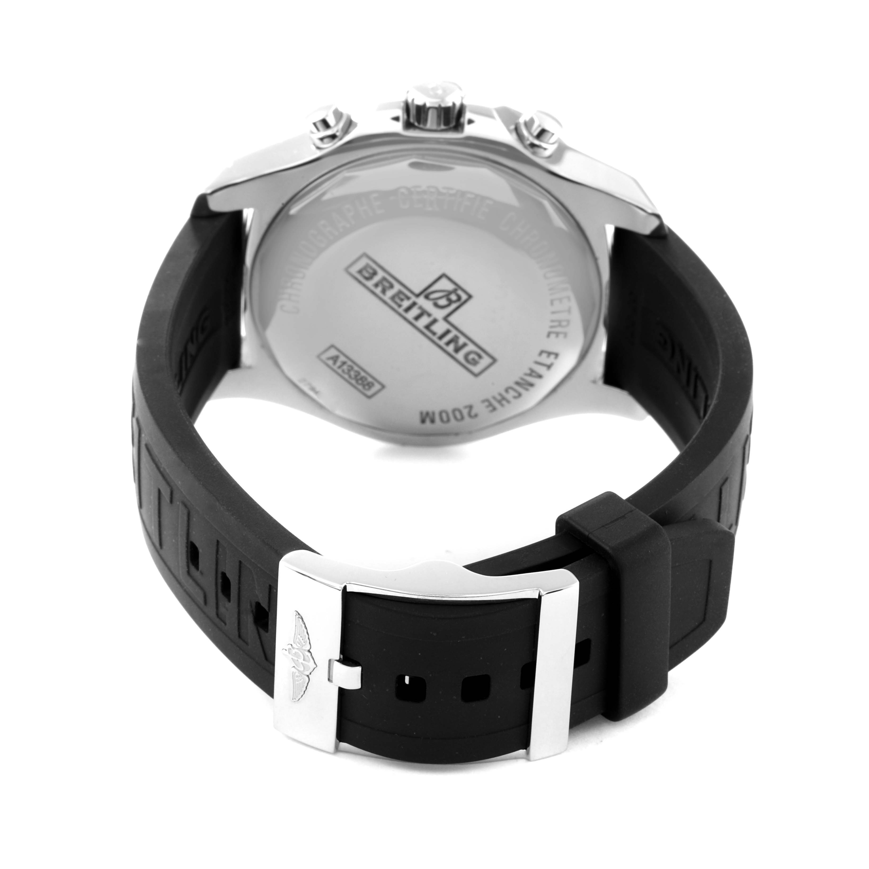 The image shows the back and strap of a Breitling Colt A13388 Men's Stainless Steel Black Dial A13388 Men's Stainless Steel Black Dial watch from an angled view.