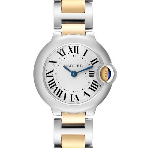 The Cartier Ballon Bleu W69007Z3 Women's Steel and Gold (two tone) Silver Dial watch is shown from the front, highlighting the dial, Roman numerals, hands, and crown.