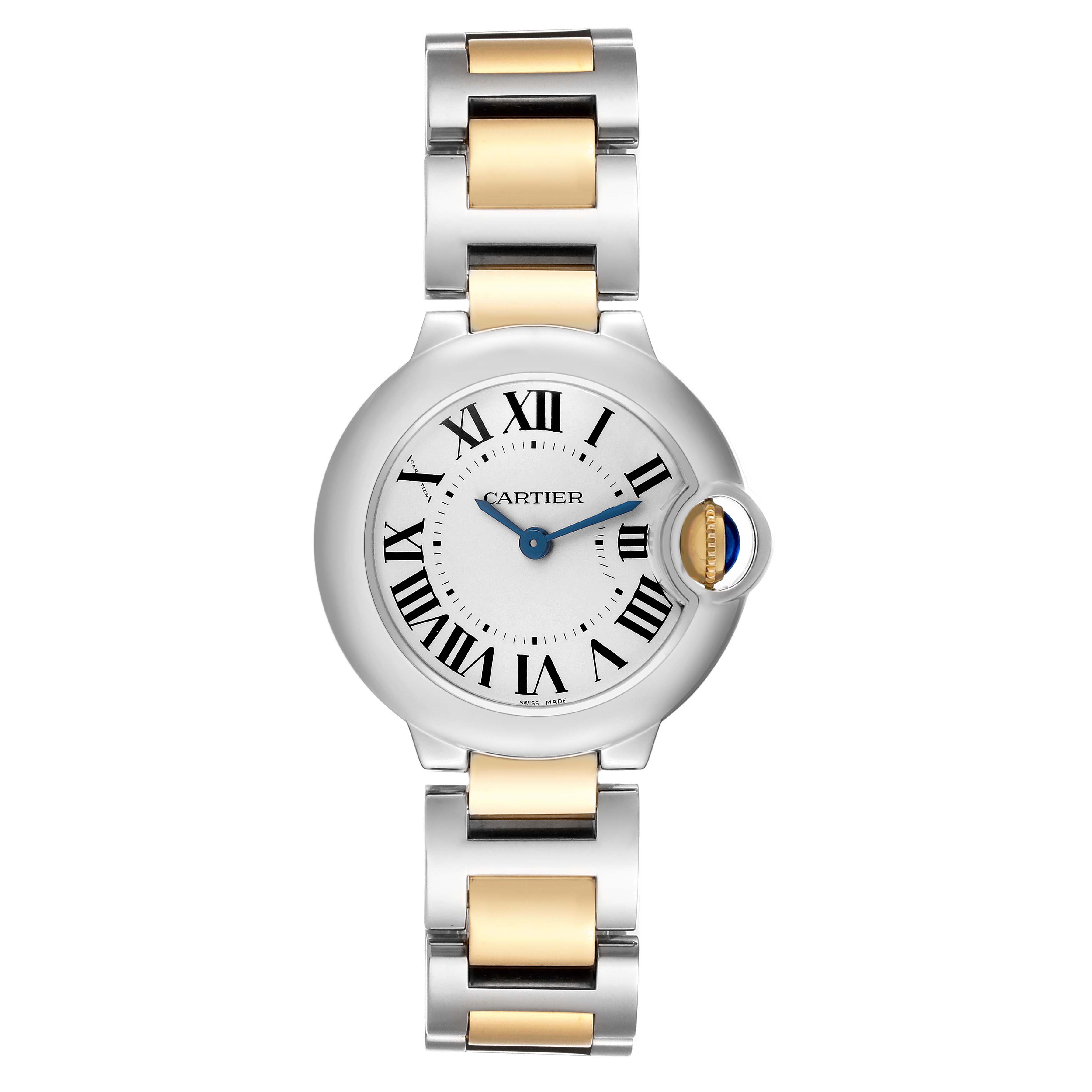 The Cartier Ballon Bleu W69007Z3 Women's Steel and Gold (two tone) Silver Dial watch is shown from the front, highlighting its face, Roman numerals, and metal bracelet.