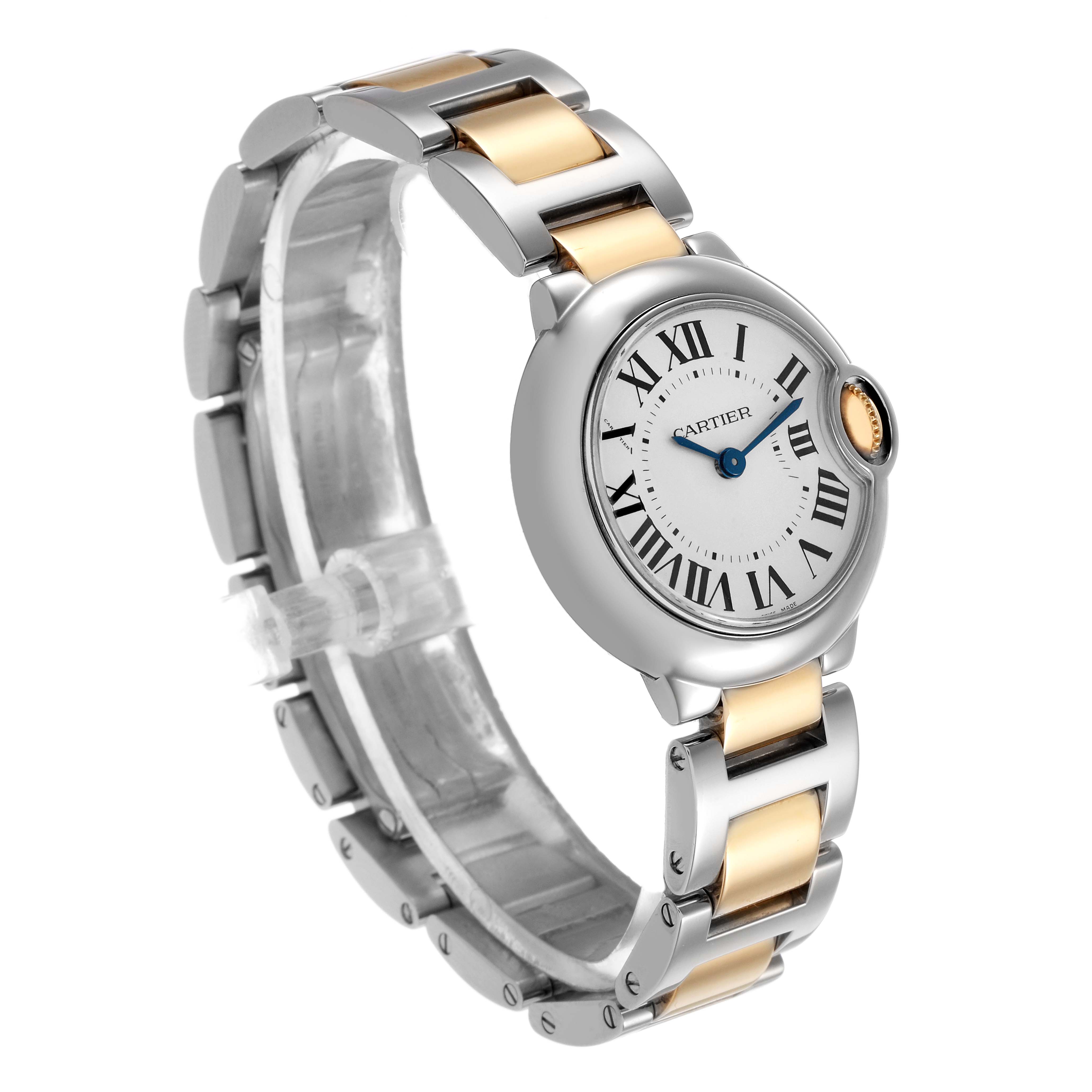 The Cartier Ballon Bleu W69007Z3 Women's Steel and Gold (two tone) Silver Dial watch is shown at a three-quarter angle, highlighting its round face, Roman numerals, and two-tone bracelet.