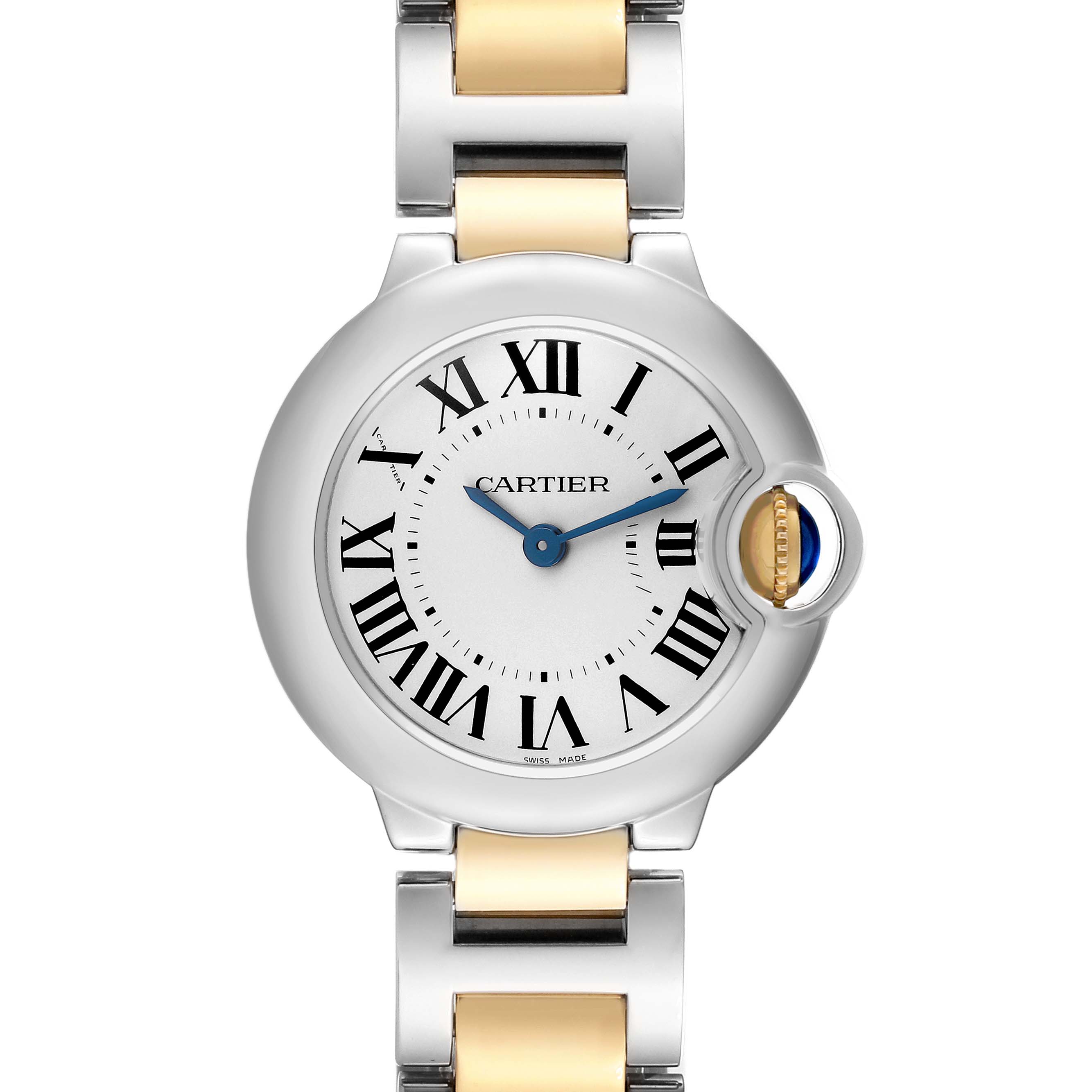 The Cartier Ballon Bleu W69007Z3 Women's Steel and Gold (two tone) Silver Dial watch is shown from a front angle, highlighting its round case, Roman numeral dial, and mixed-metal bracelet.