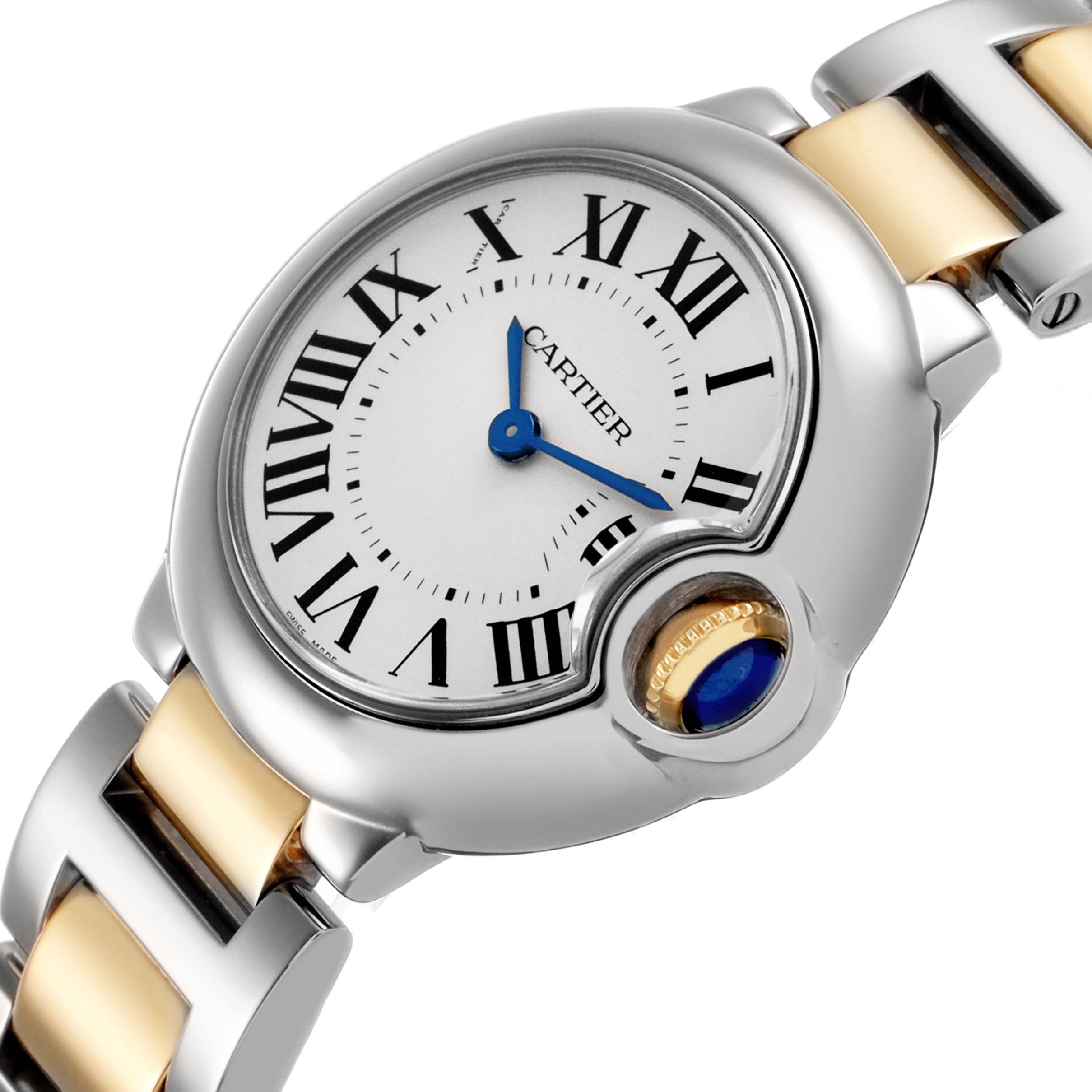 The Cartier Ballon Bleu W69007Z3 Women's Steel and Gold (two tone) Silver Dial watch is shown at a close-up angle, highlighting the dial, crown, and part of the bracelet.