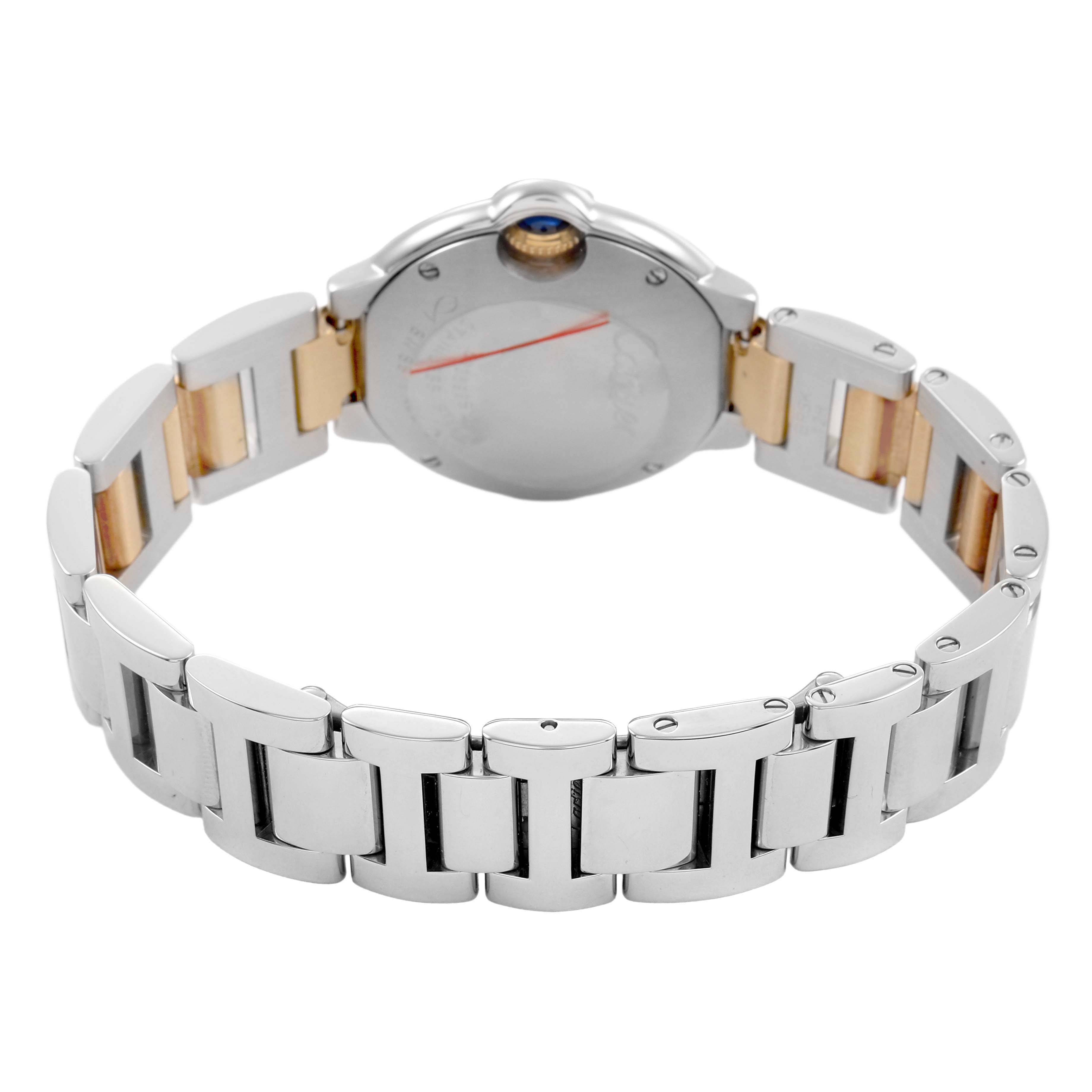 The image shows the back view of the Cartier Ballon Bleu W69007Z3 Women's Steel and Gold (two tone) Silver Dial watch, featuring its stainless steel and gold bracelet and case back.
