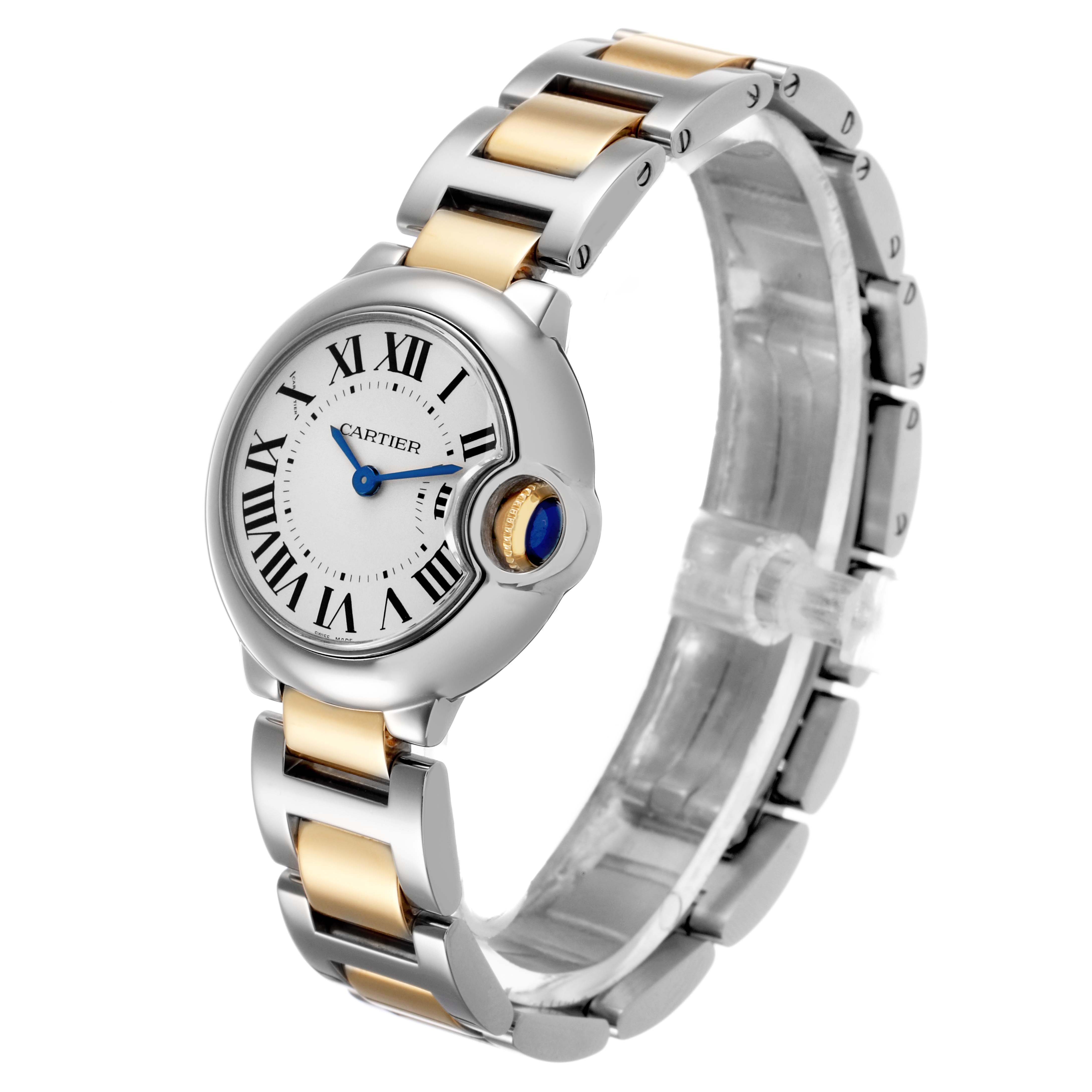 The Cartier Ballon Bleu W69007Z3 Women's Steel and Gold (two tone) Silver Dial watch is shown from a front angle, highlighting its round face, Roman numerals, and steel and gold bracelet.
