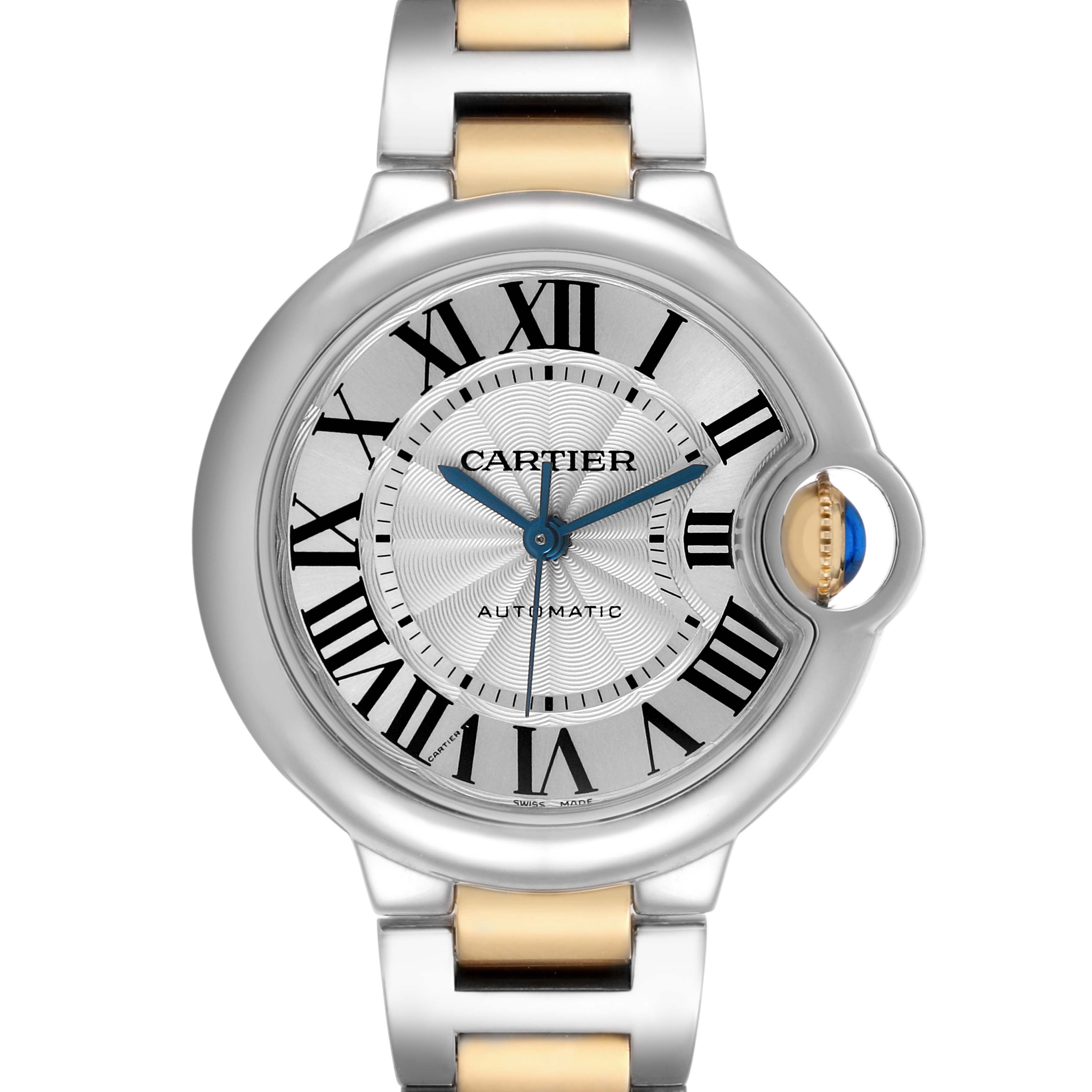 The Cartier Ballon Bleu W2BB0002 Women's Steel and Gold (two tone) Silver Dial watch is shown from a front view, highlighting the face, Roman numerals, and distinctive crown.