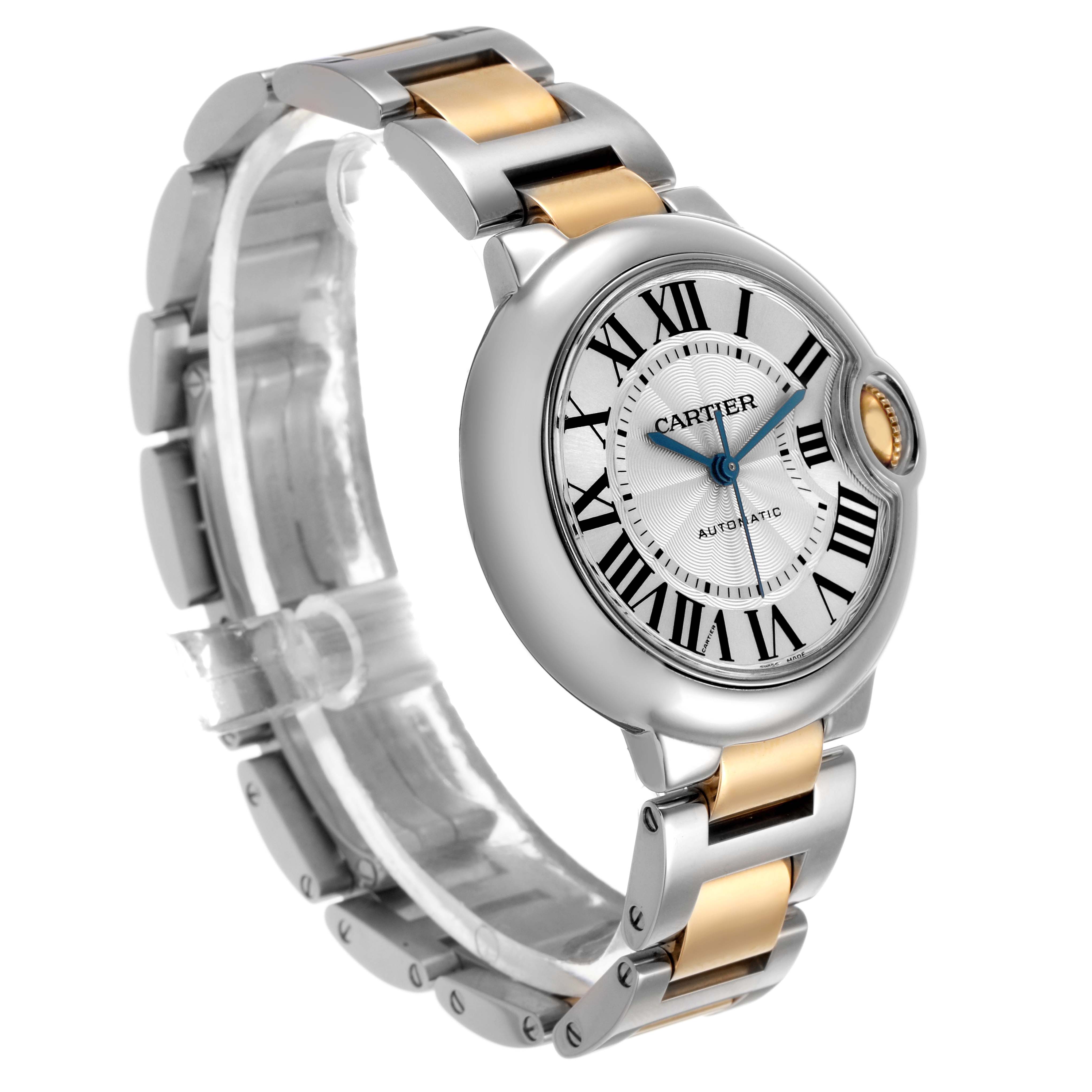 The Cartier Ballon Bleu W2BB0002 Women's Steel and Gold (two tone) Silver Dial watch is shown at a side angle, highlighting its face, Roman numerals, and dual-tone bracelet.