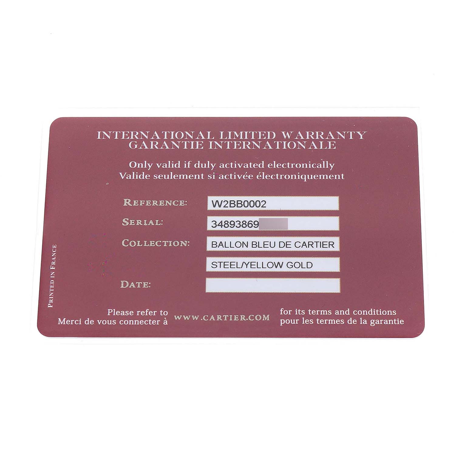 The image shows an international limited warranty card for the Ballon Bleu de Cartier watch.