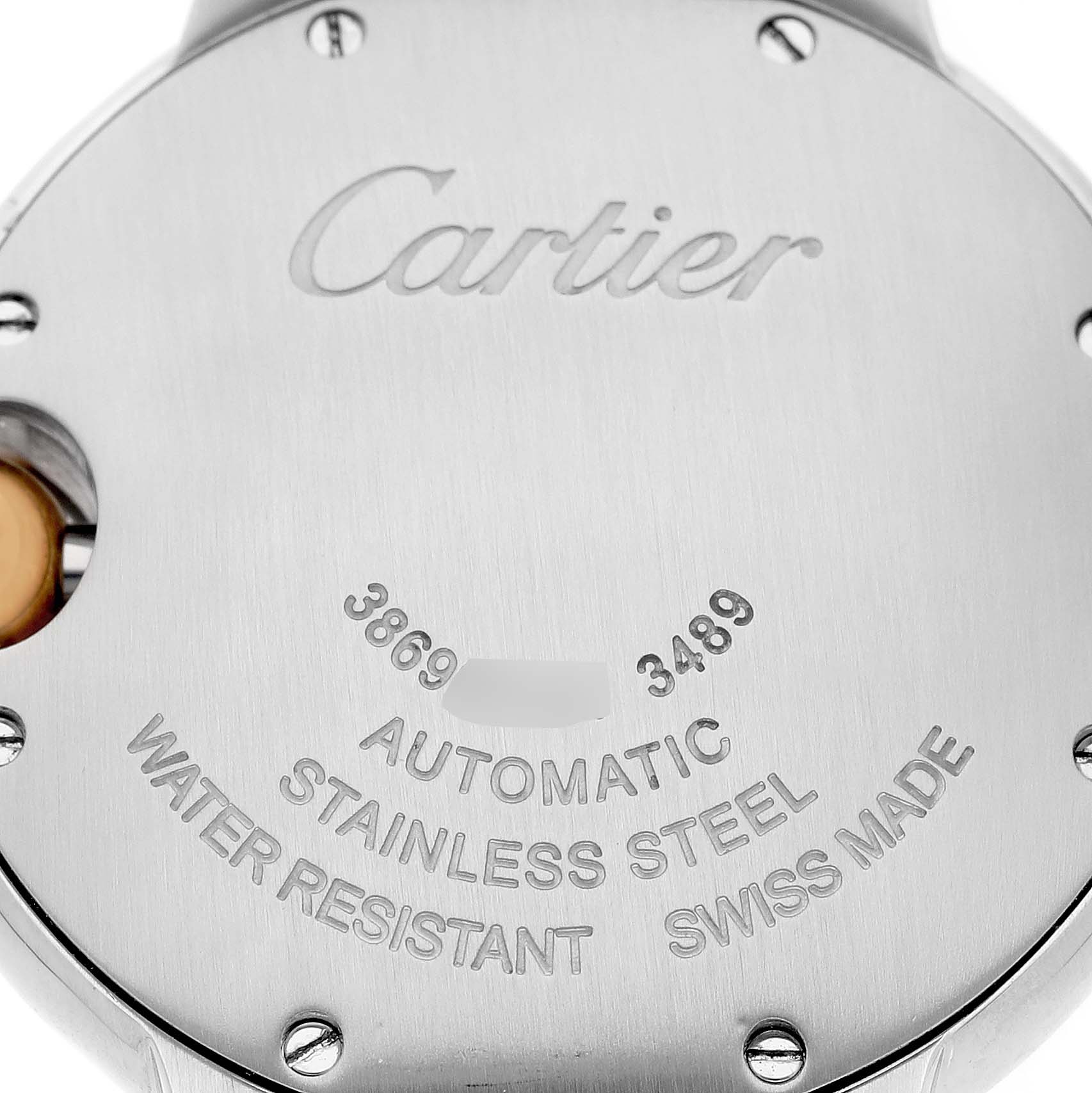 The image shows the back of a Cartier Ballon Bleu W2BB0002 Women's Steel and Gold (two tone) Silver Dial watch with engraved details.