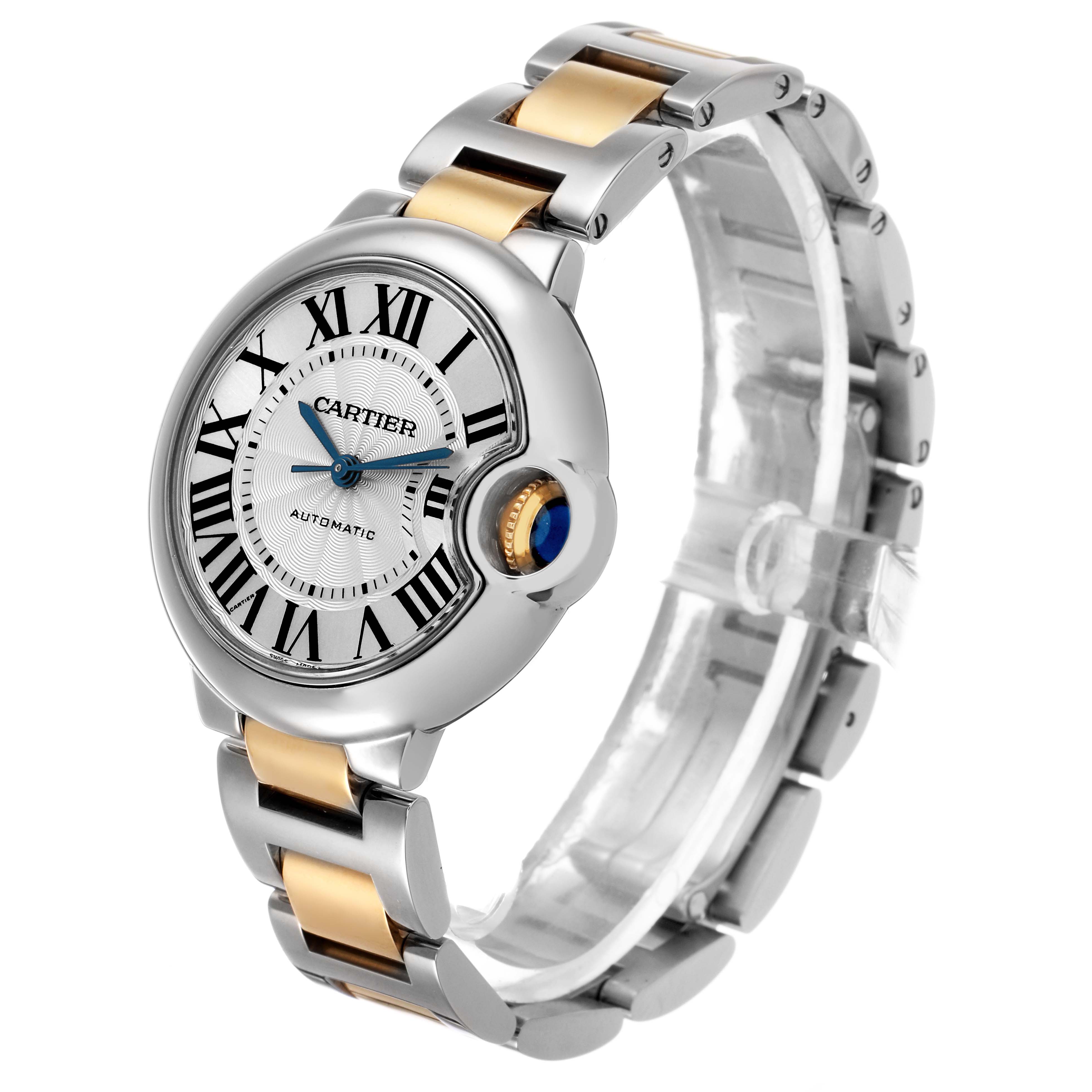 The Ballon Bleu de Cartier watch is shown at a three-quarter angle, highlighting its round case, crown, and bracelet.