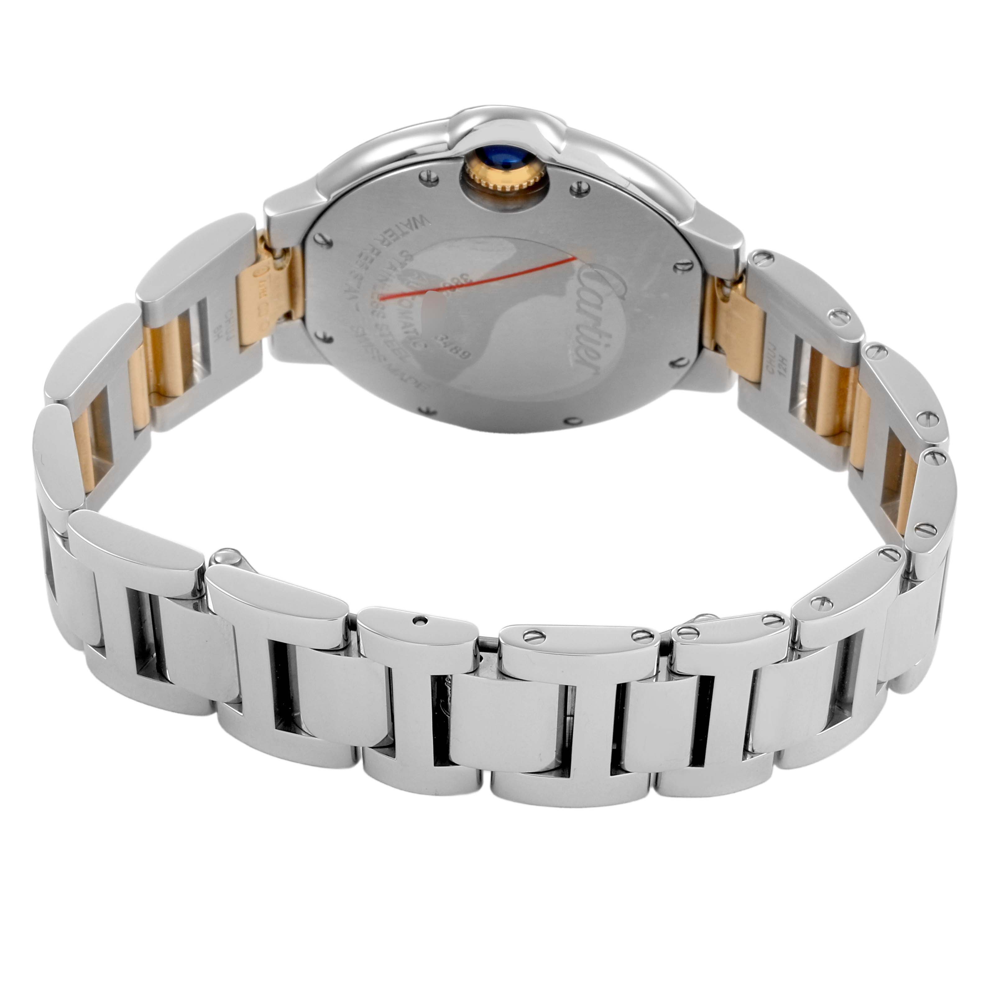 The Cartier Ballon Bleu W2BB0002 Women's Steel and Gold (two tone) Silver Dial watch is shown from the rear, displaying its back case and metal bracelet with a visible crown.
