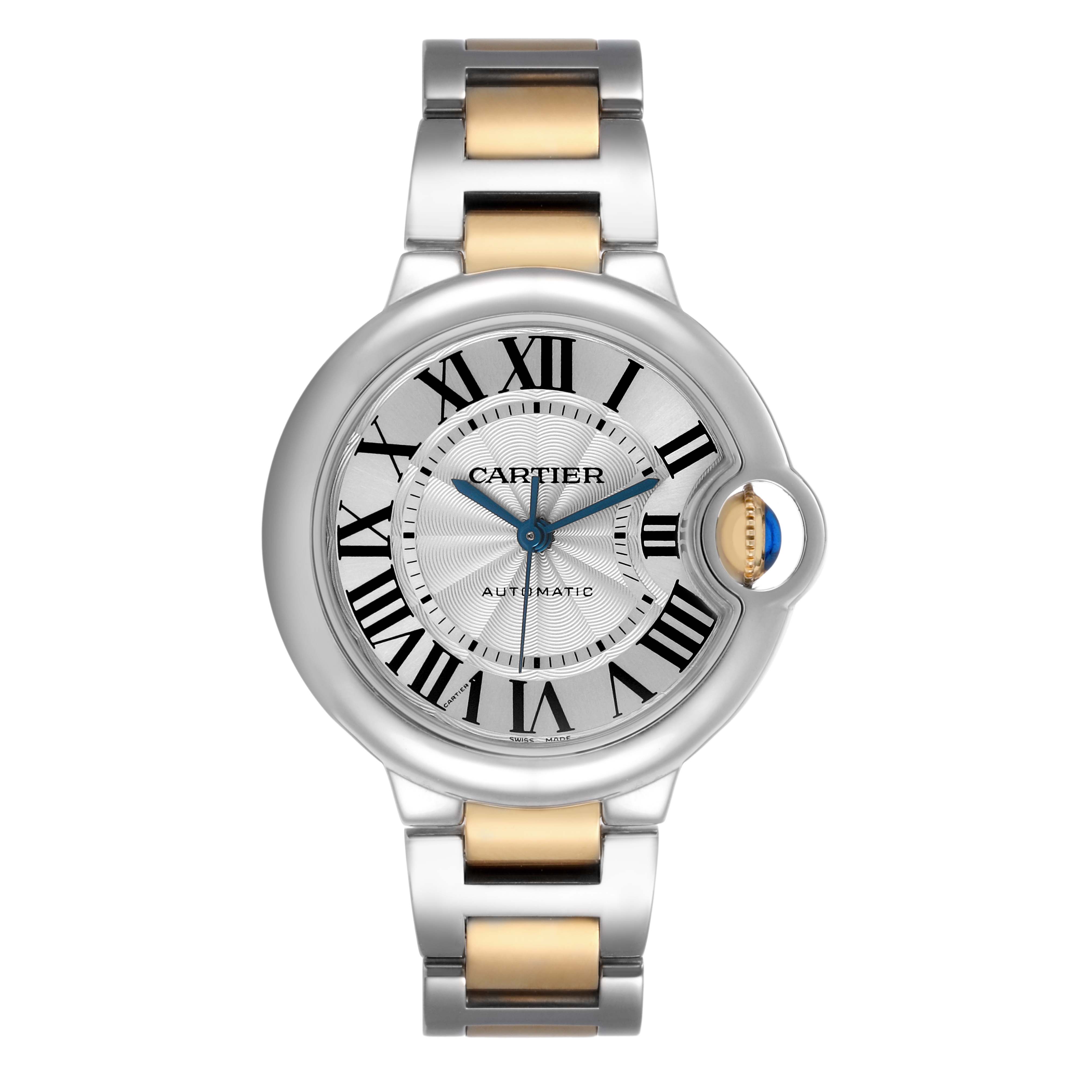 The Cartier Ballon Bleu W2BB0002 Women's Steel and Gold (two tone) Silver Dial watch is shown from a front view, highlighting the face, case, and two-tone bracelet.