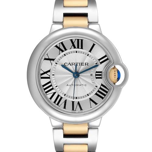 The Ballon Bleu by Cartier is shown from a front angle, highlighting the dial, Roman numerals, crown, and silver and gold bracelet.