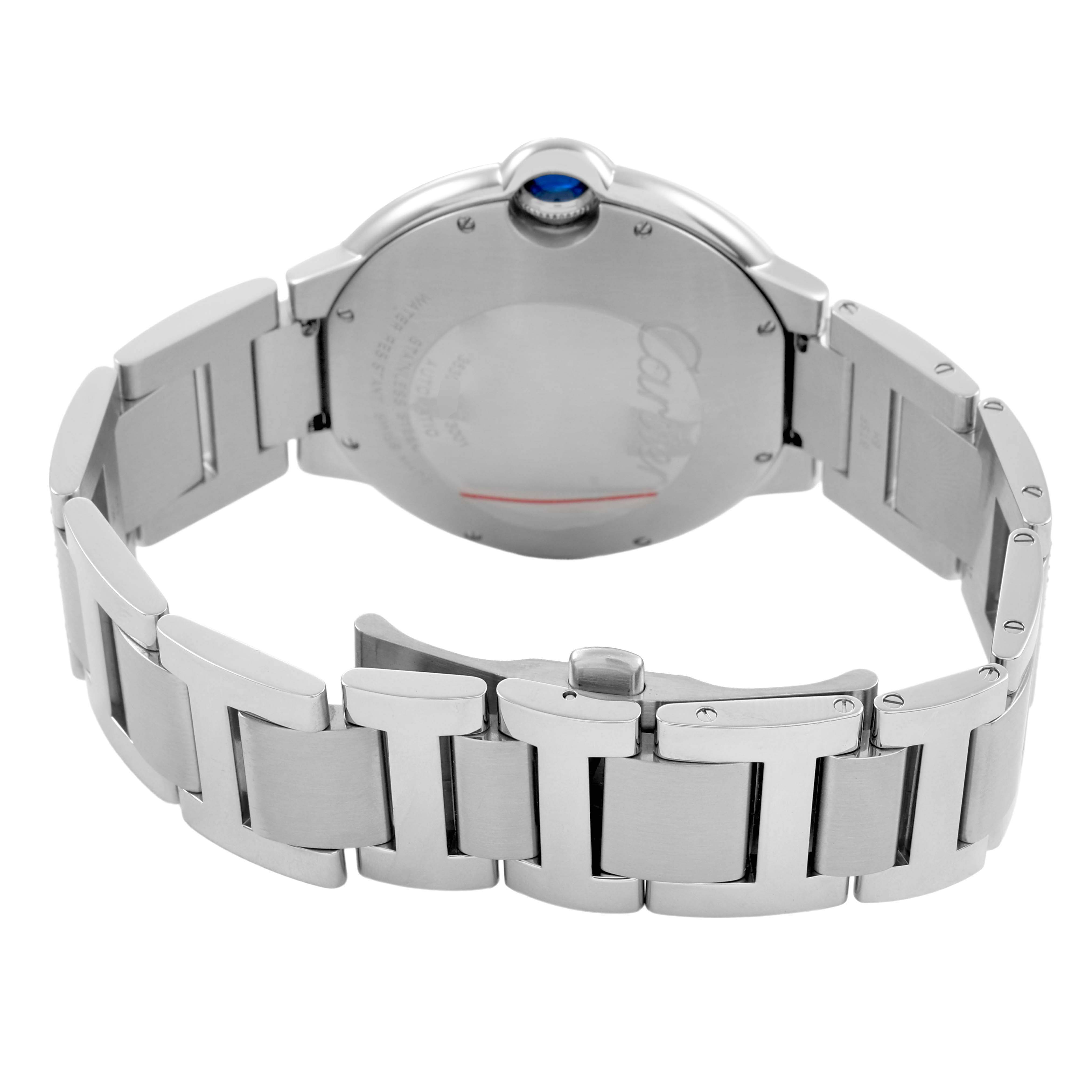 The image shows the back and bracelet of the Ballon Bleu by Cartier, featuring a stainless steel band and blue cabochon crown.