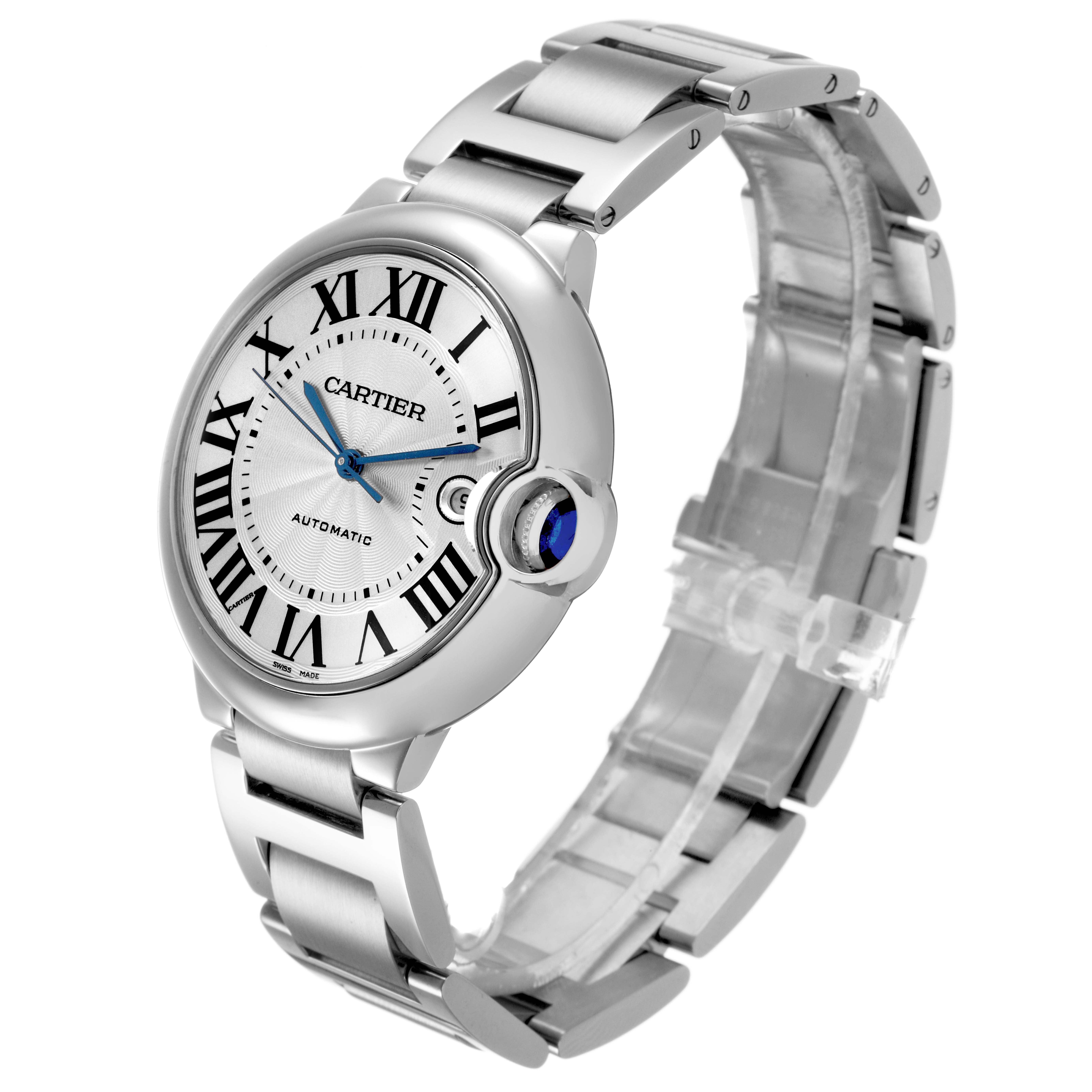 The Cartier Ballon Bleu W69012Z4 Men's Stainless Steel Silver Dial watch is shown at a three-quarter angle featuring the face, Roman numerals, bracelet, and unique crown.