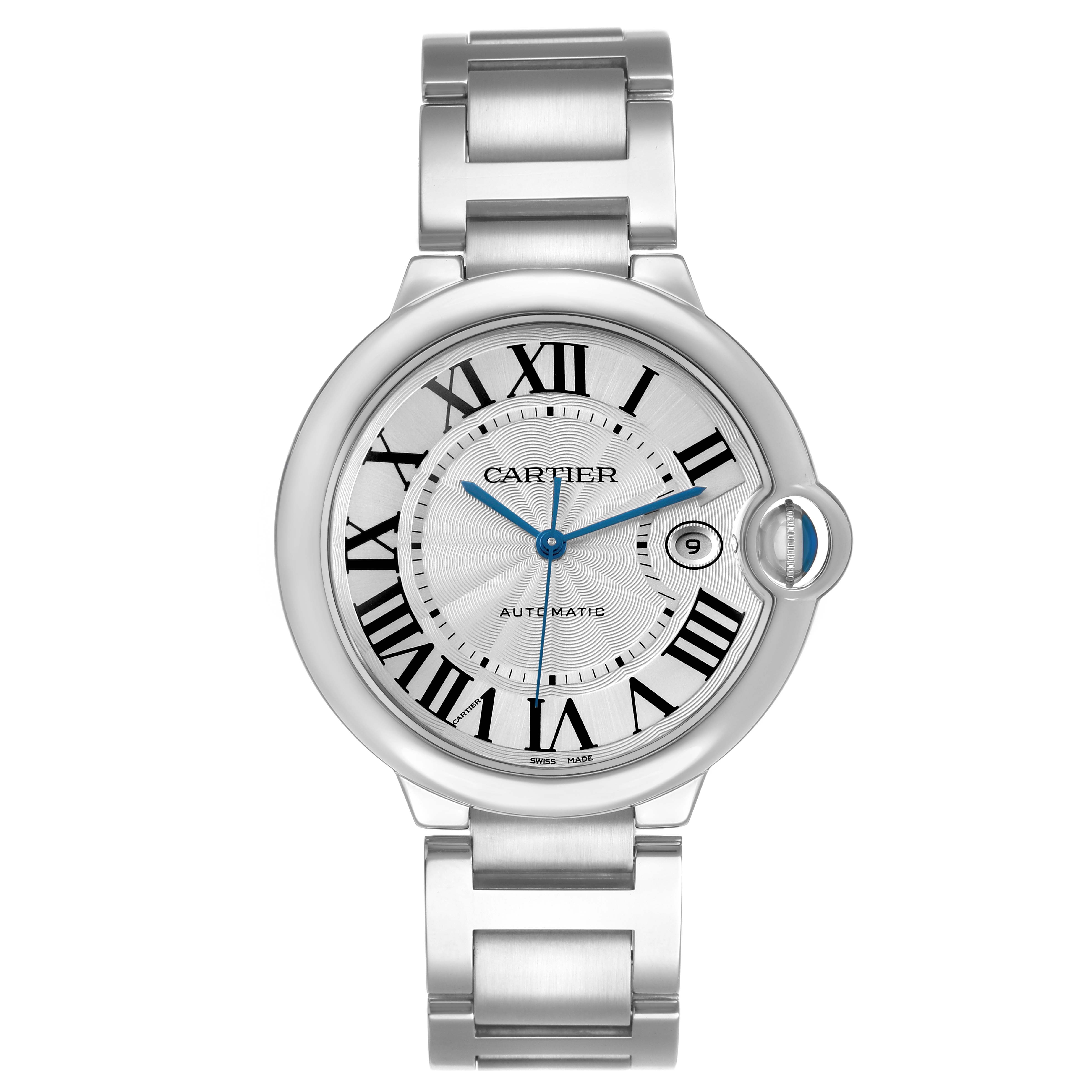 The Ballon Bleu de Cartier watch is shown from a front angle, displaying the face, Roman numerals, and metallic bracelet.