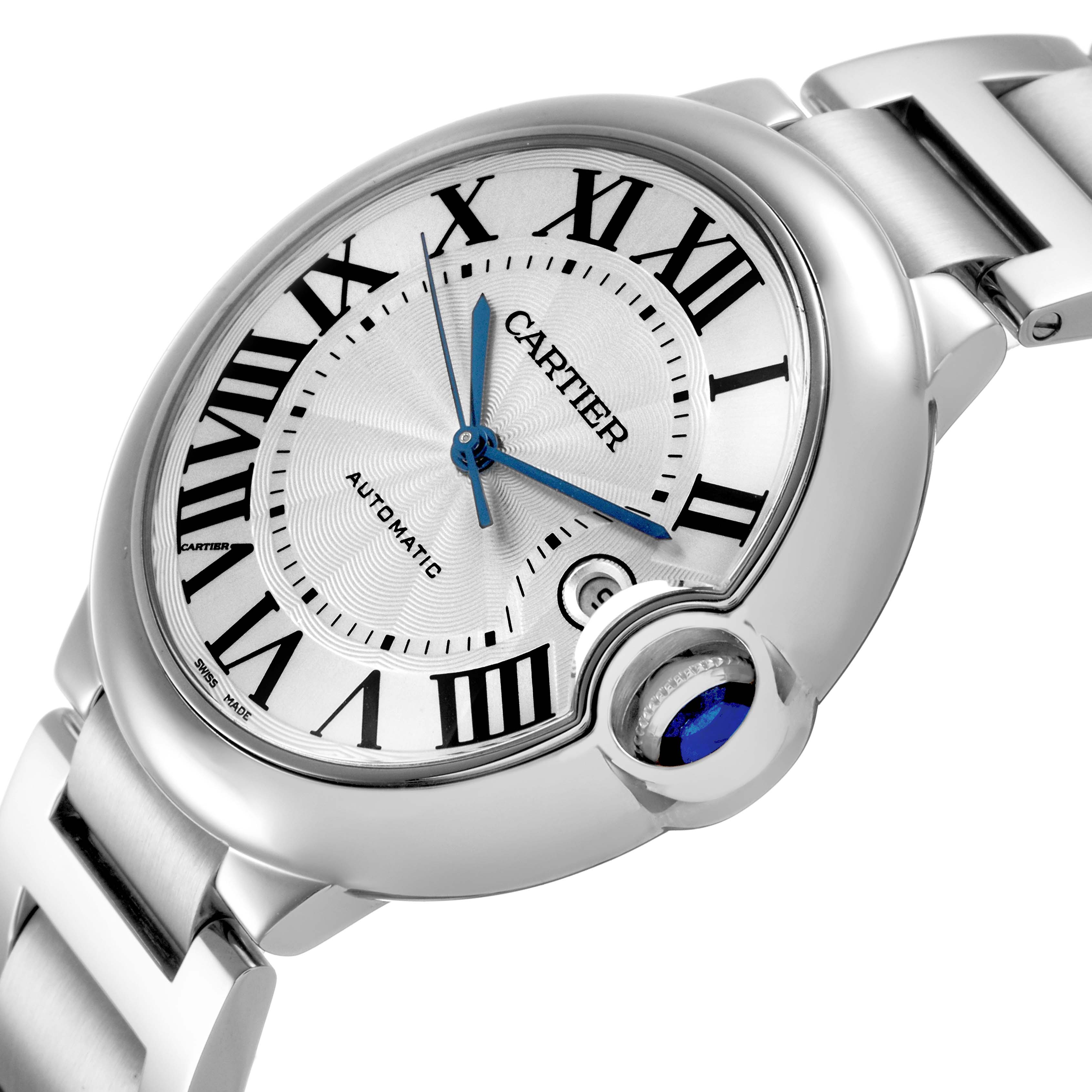 The image shows the Cartier Ballon Bleu W69012Z4 Men's Stainless Steel Silver Dial watch from a front-angle, highlighting its round case, silver dial, and blue crown.