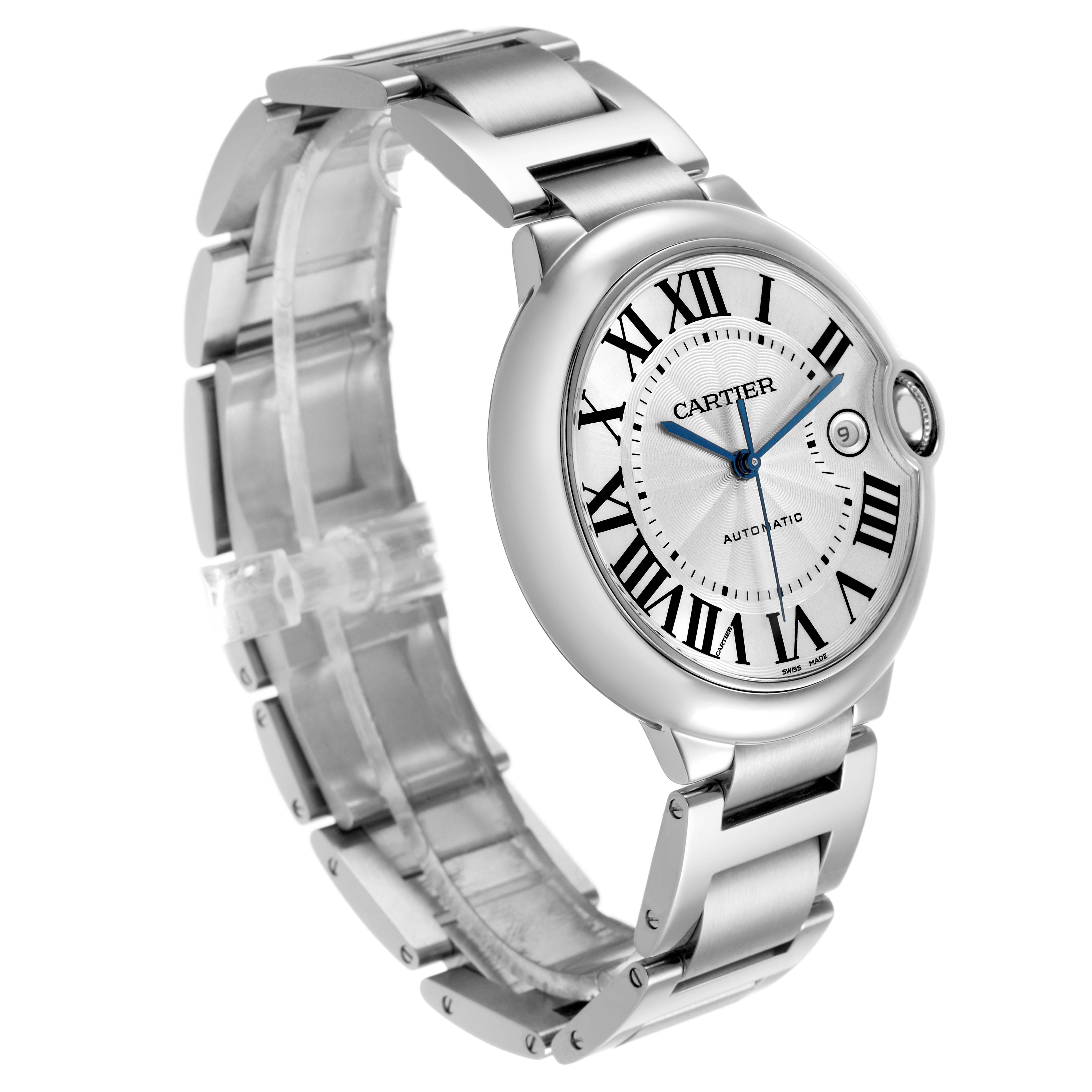 The Cartier Ballon Bleu W69012Z4 Men's Stainless Steel Silver Dial watch is shown at a three-quarter angle, displaying the face, crown, and bracelet.