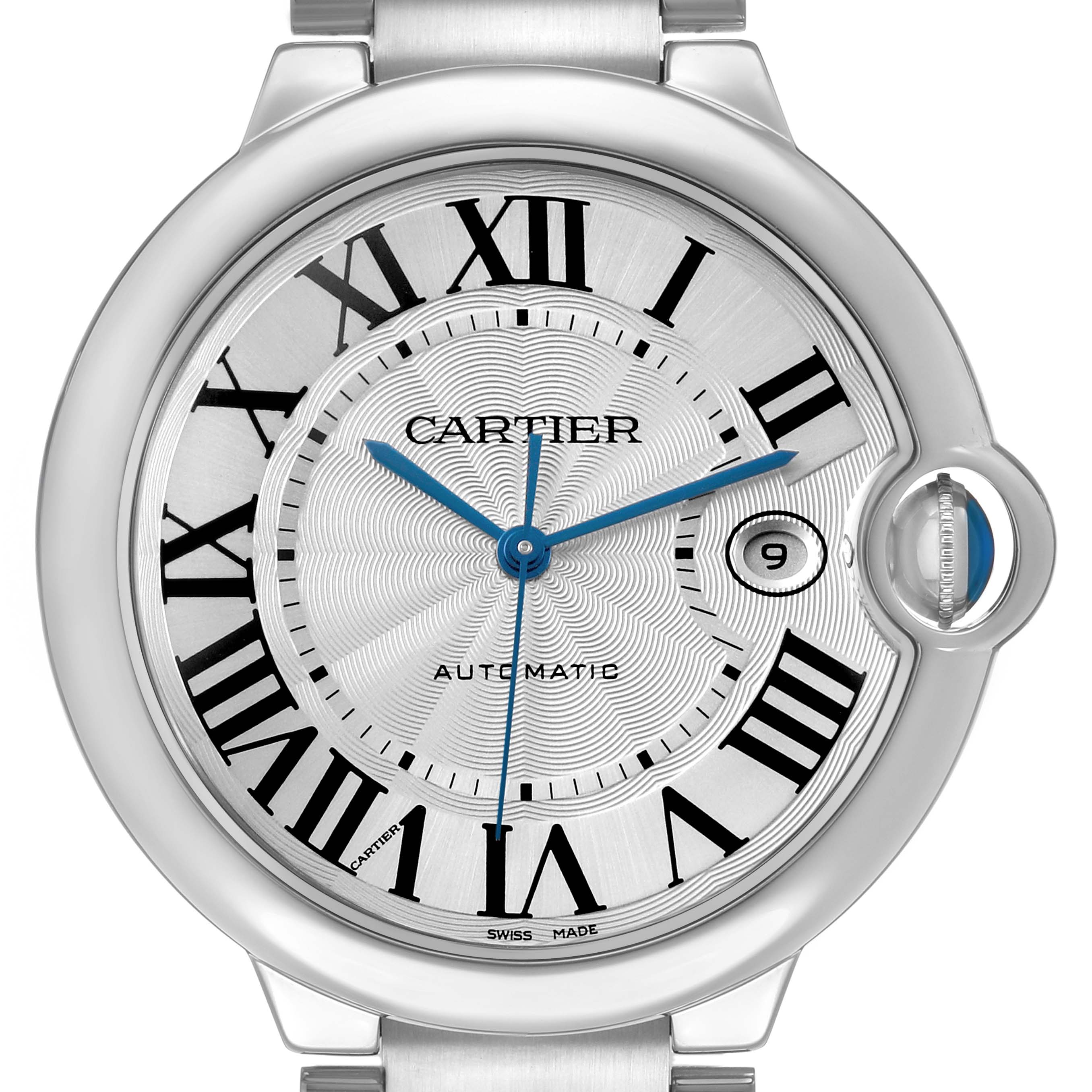 The image shows a close-up of the Cartier Ballon Bleu W69012Z4 Men's Stainless Steel Silver Dial watch face, highlighting the Roman numerals, date window, and crown.