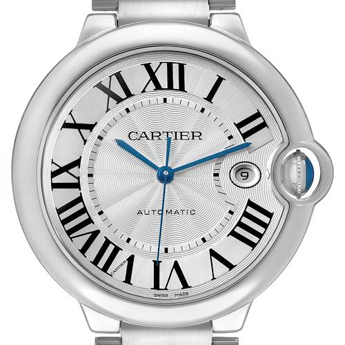 The Cartier Ballon Bleu W69012Z4 Men's Stainless Steel Silver Dial watch is shown from the front, highlighting its dial, blue hands, date window, and signature crown.