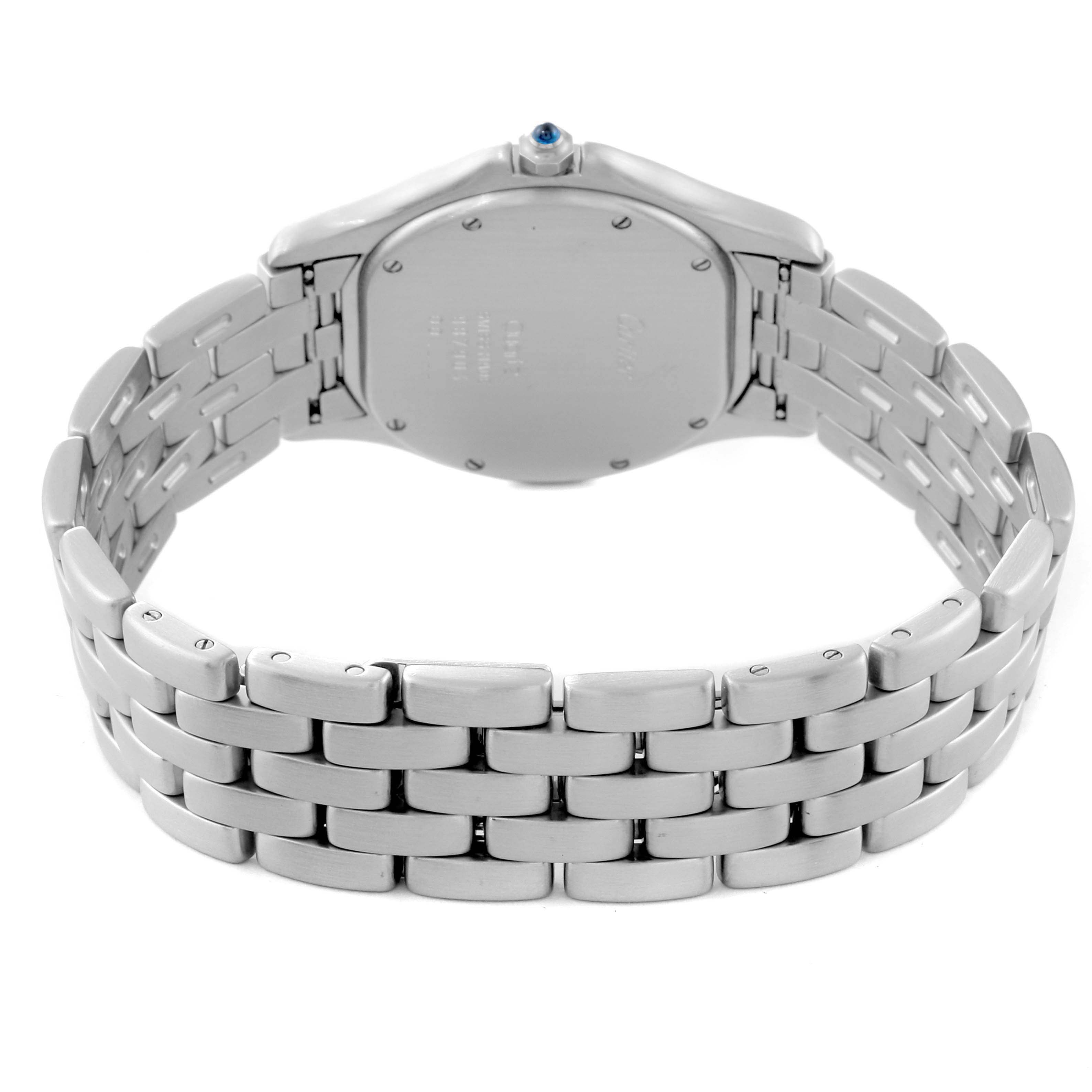 This image shows the back view of a Cartier Panthère watch, focusing on the case back and metal bracelet.