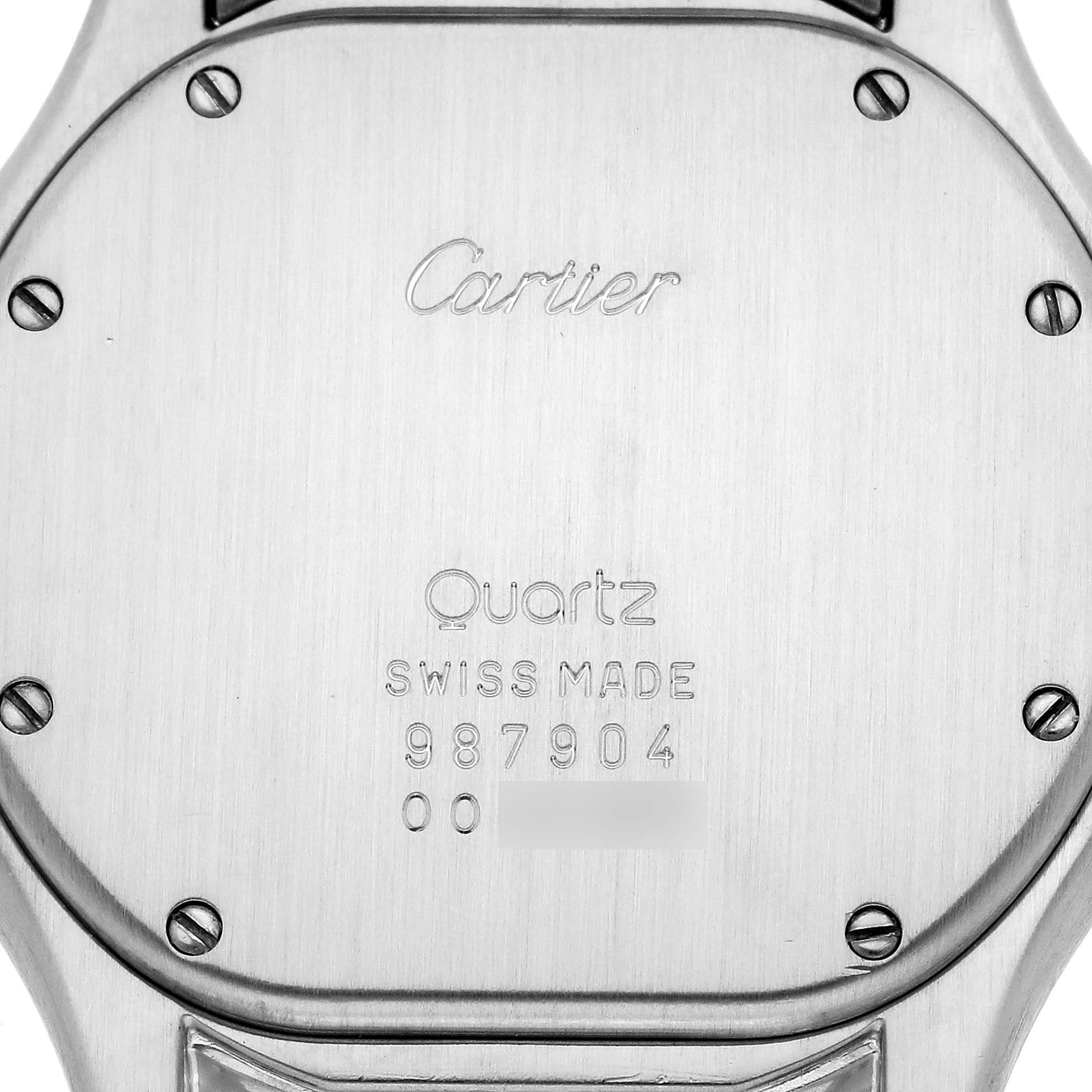 This image shows the stainless steel case back of a Panthere model by Cartier, displaying the brand name, model, and other details.