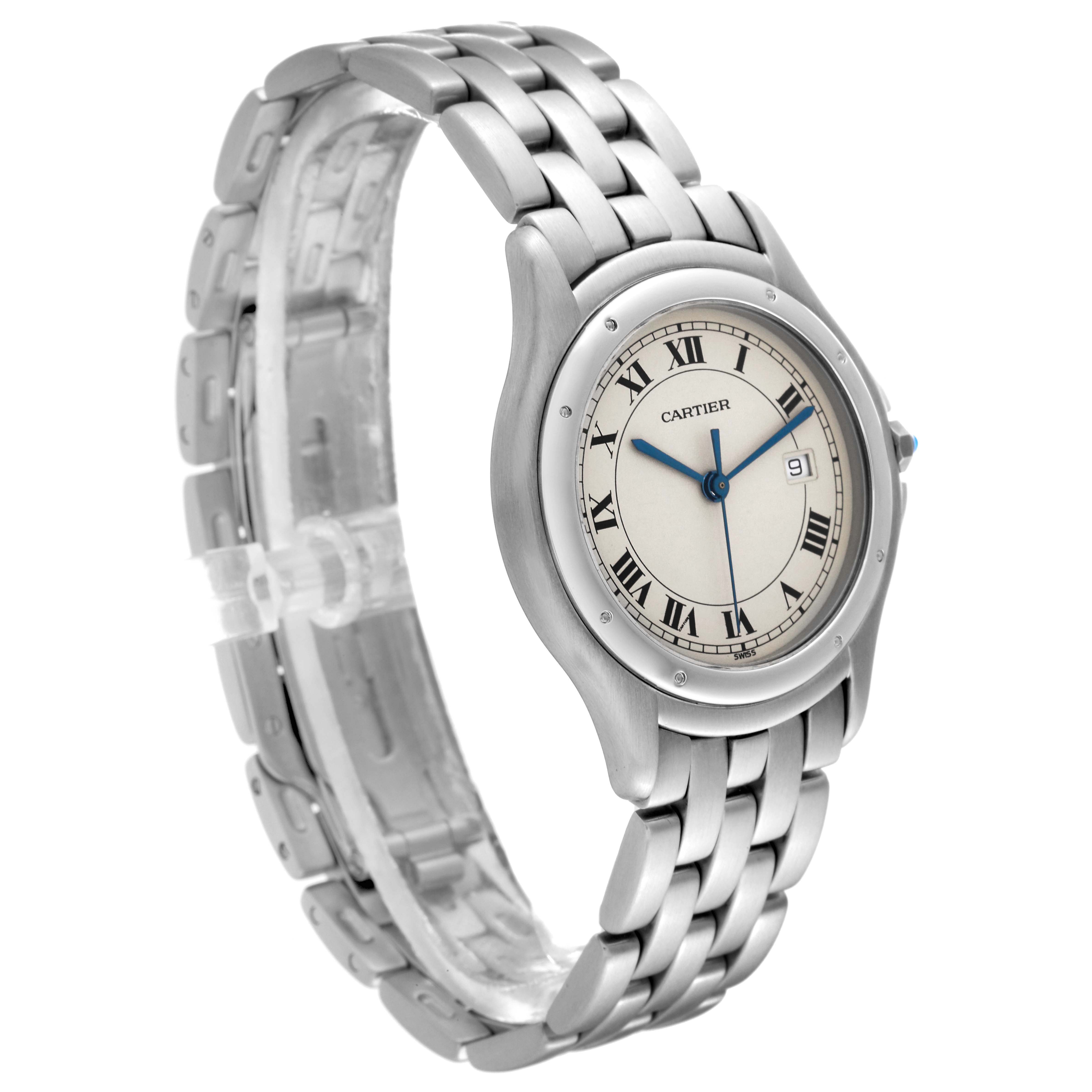 The image shows a side angle of the Cartier Panthere 987904 Men's Stainless Steel Silver Dial 987904 Men's Stainless Steel Silver Dial watch, highlighting its metal bracelet and round watch face.