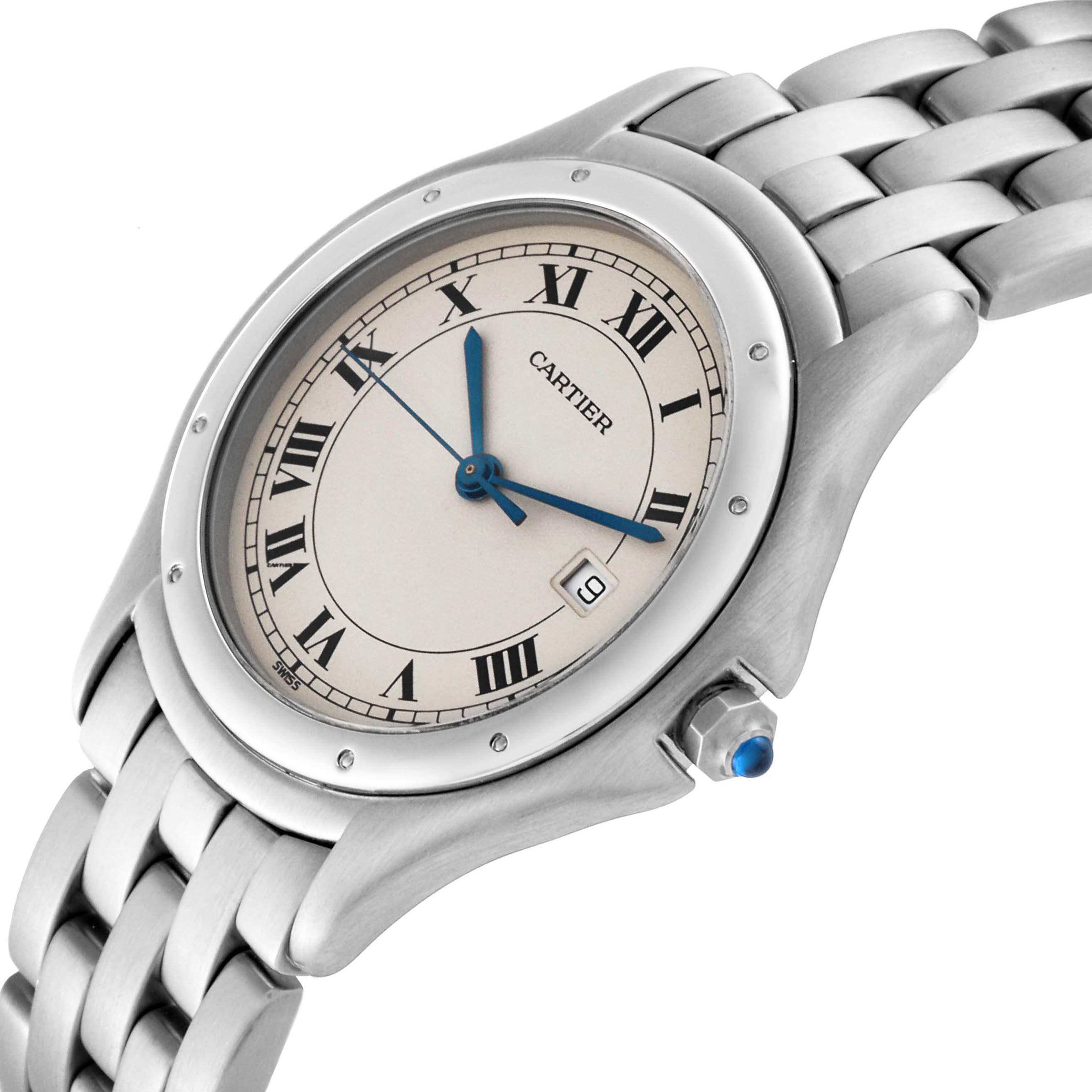 The Cartier Panthere 987904 Men's Stainless Steel Silver Dial 987904 Men's Stainless Steel Silver Dial watch is shown at a slight angle, displaying its face, bezel, crown, and part of the bracelet.