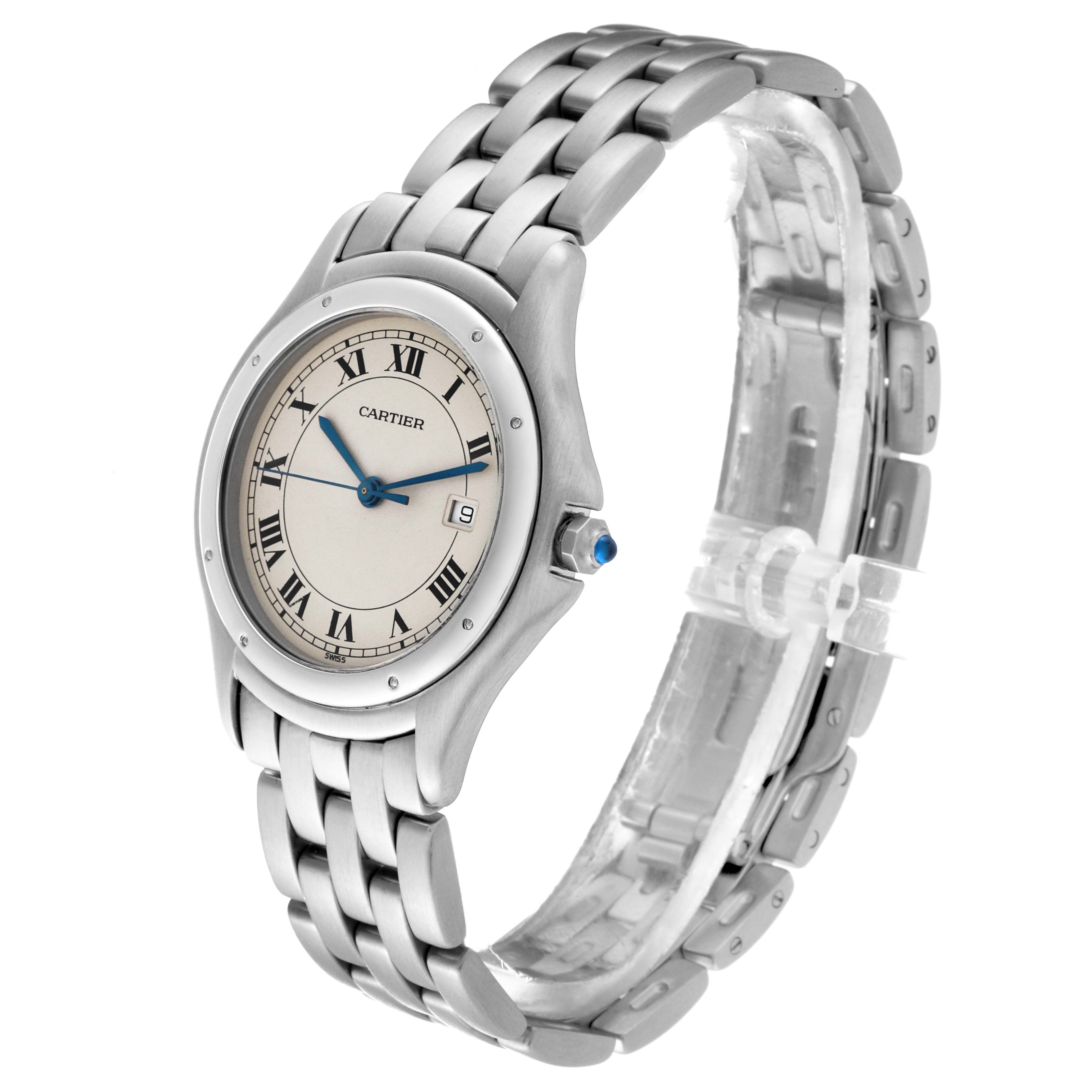 The Cartier Panthere 987904 Men's Stainless Steel Silver Dial 987904 Men's Stainless Steel Silver Dial watch is shown at an oblique angle, revealing its face, bracelet, and case.