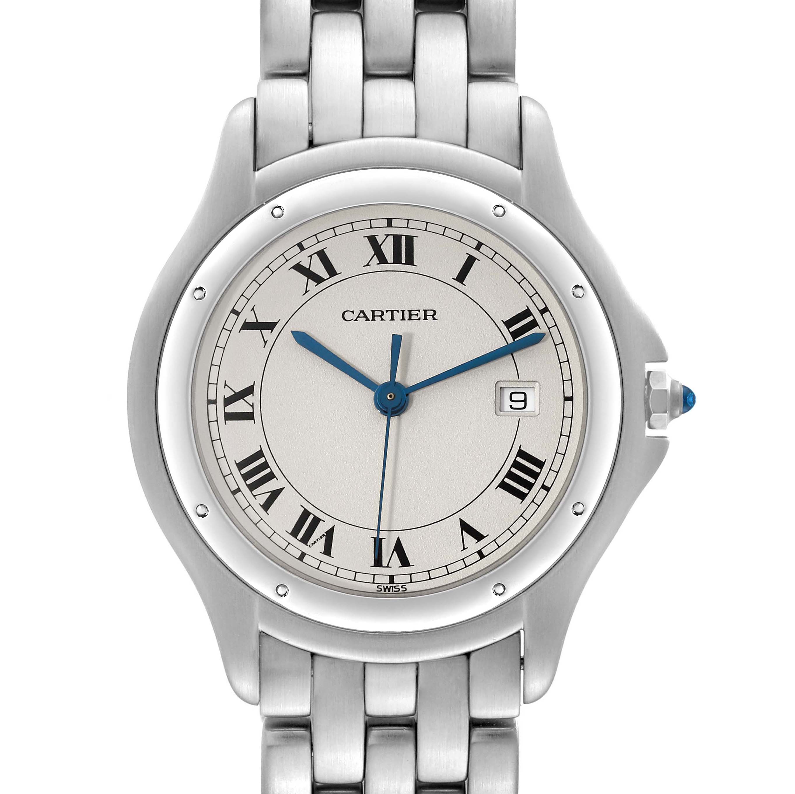 The image shows a front view of a Cartier Panthere 987904 Men's Stainless Steel Silver Dial 987904 Men's Stainless Steel Silver Dial model watch, highlighting its dial, hands, date window, and part of the bracelet.